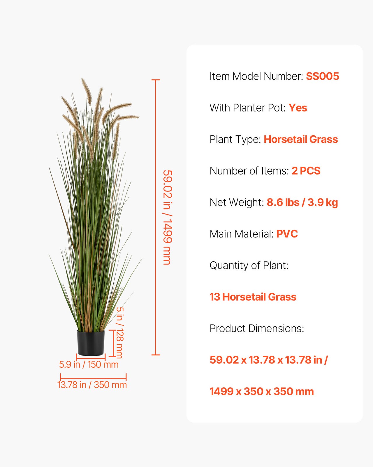 VEVOR Artificial Grass Plant 59 Inch Horsetail Reed Grass In Pot 2 Pack Green