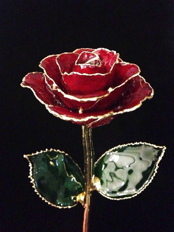 Ceramic Covered Flowers & Leaves 24K Gold Plated Single Stem Rose 10 5/8″ Long