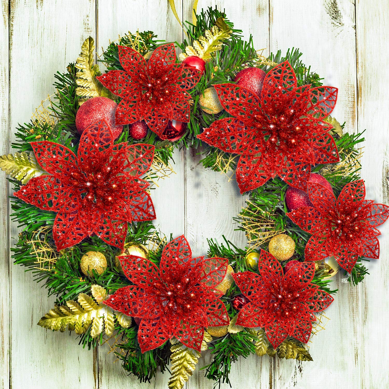 36 PCS Artificial Christmas Poinsettia Flowers Glitter Tree Ornaments Decor