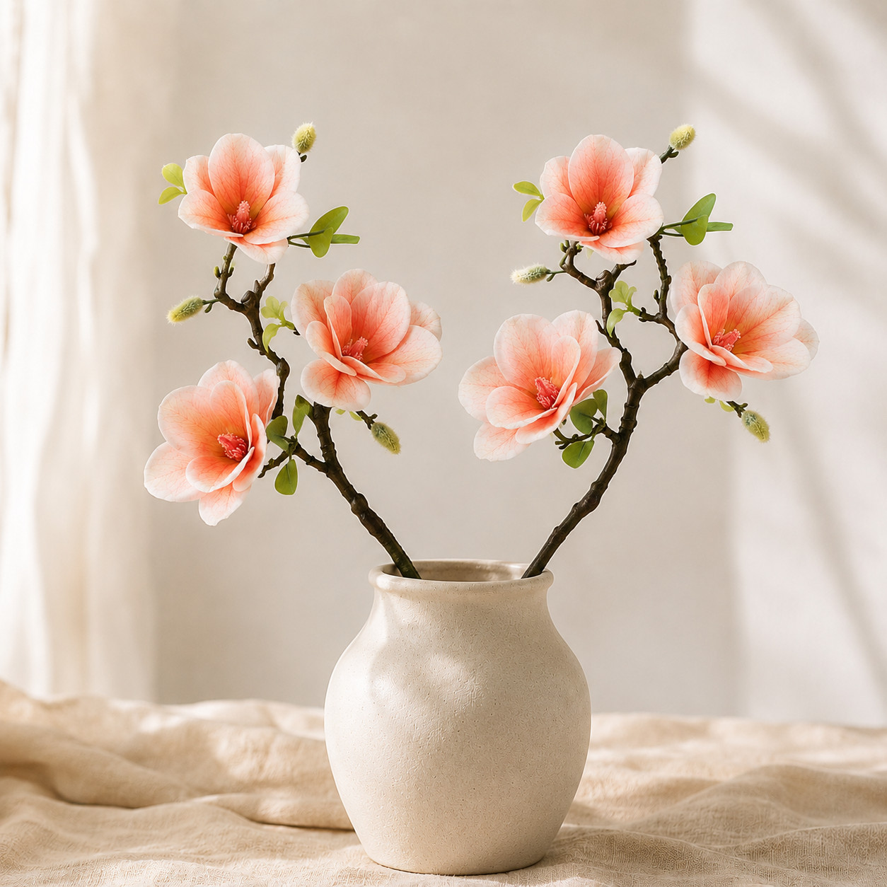 Set of 2 Champagne Faux Magnolia Stems 3 Head Artificial Flowers Home Decor