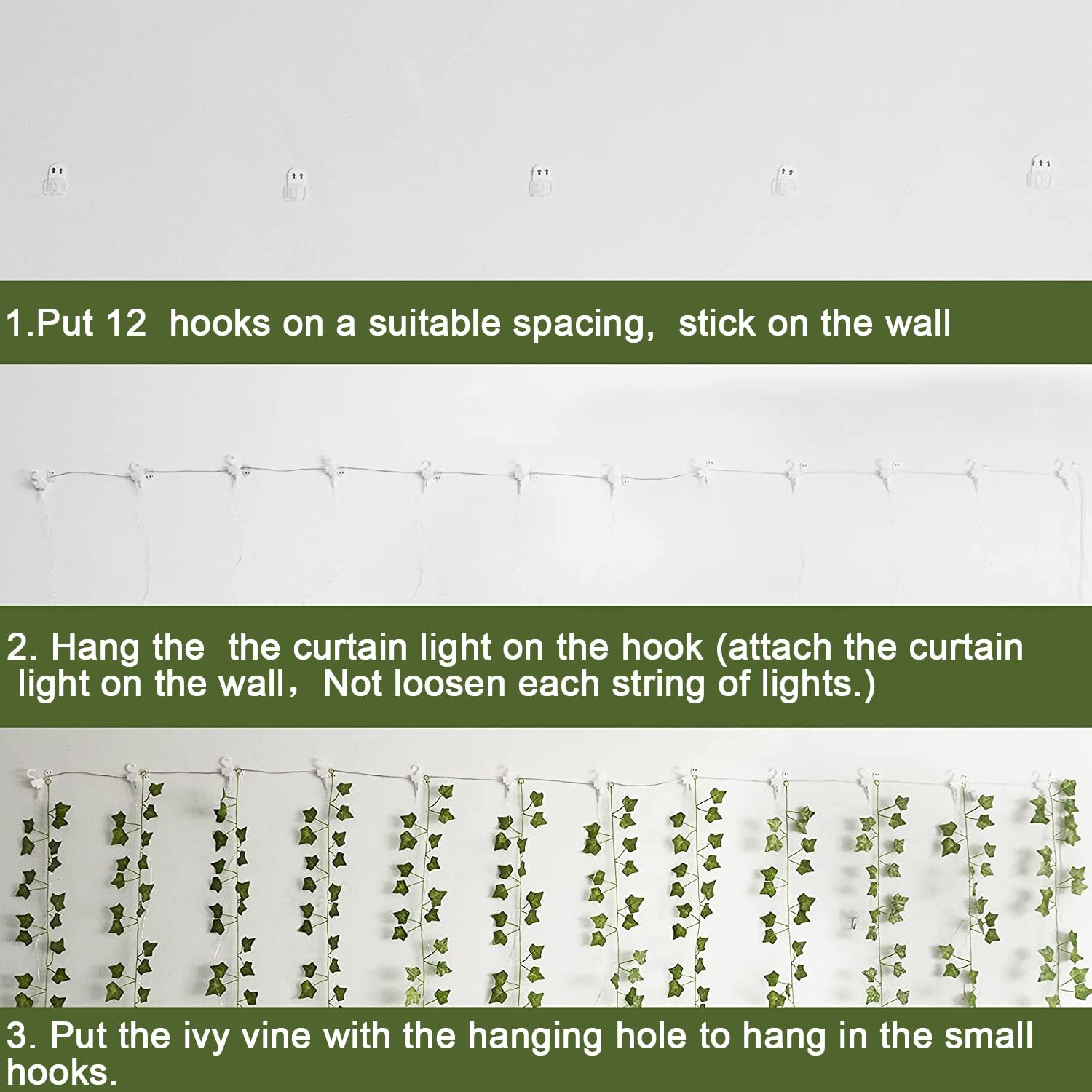 12 Pack Artificial Ivy Leaf Plant With 252 Led Fairy Window Curtain String Light