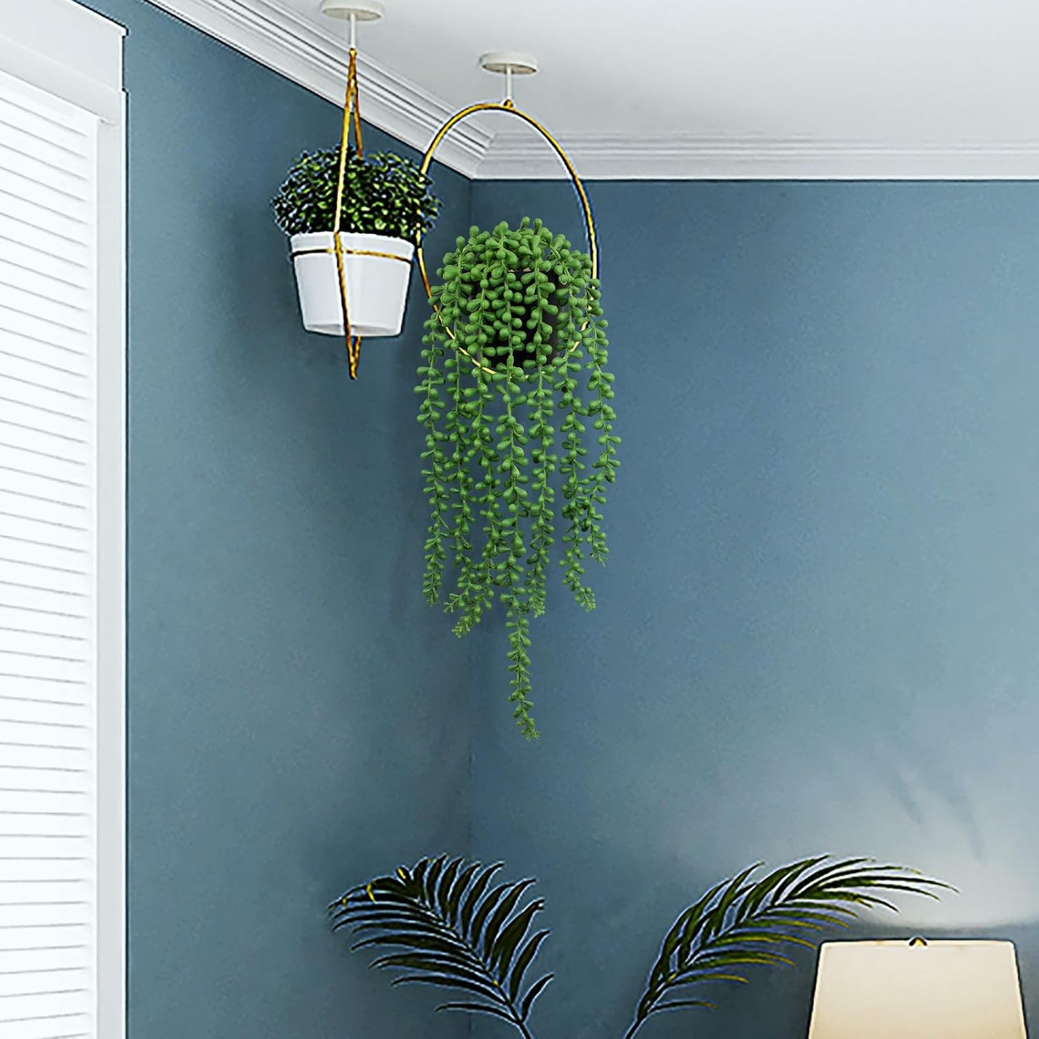 LOYWREE Fake Plants Indoor Artificial String of Pearls Plant in Black Pots, Real