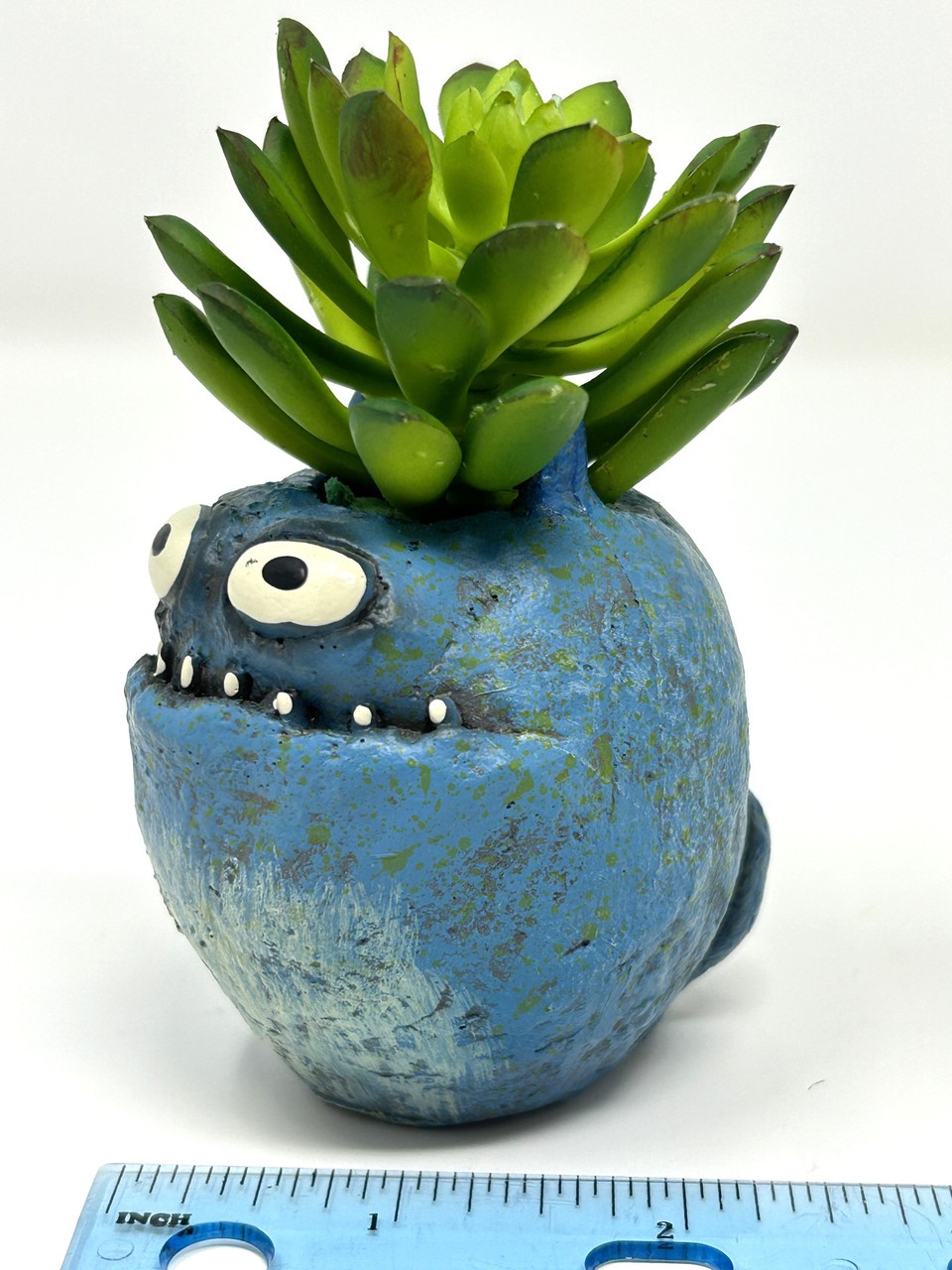 3.5″ Blue MURPHY Monster Blob House Mini pot WITH faux PLANT as shown