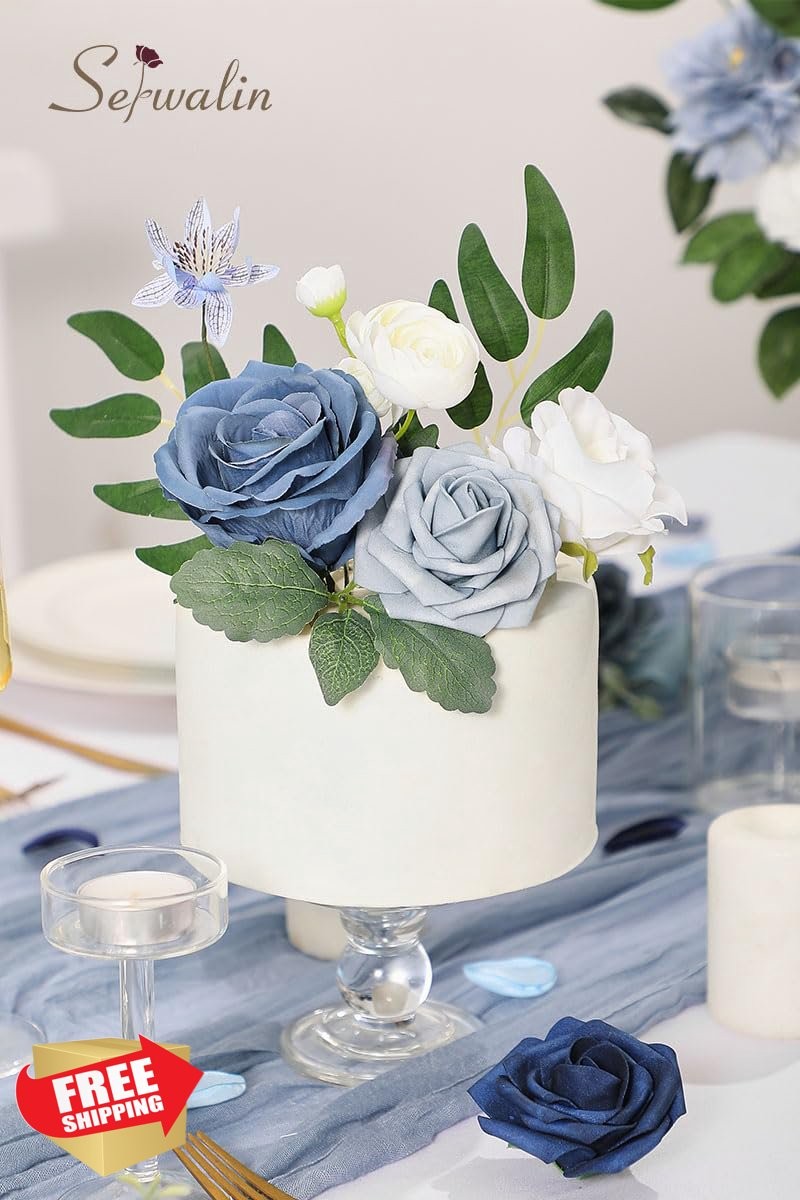 Serwalin Dusty Blue Navy White Flowers 1 Box