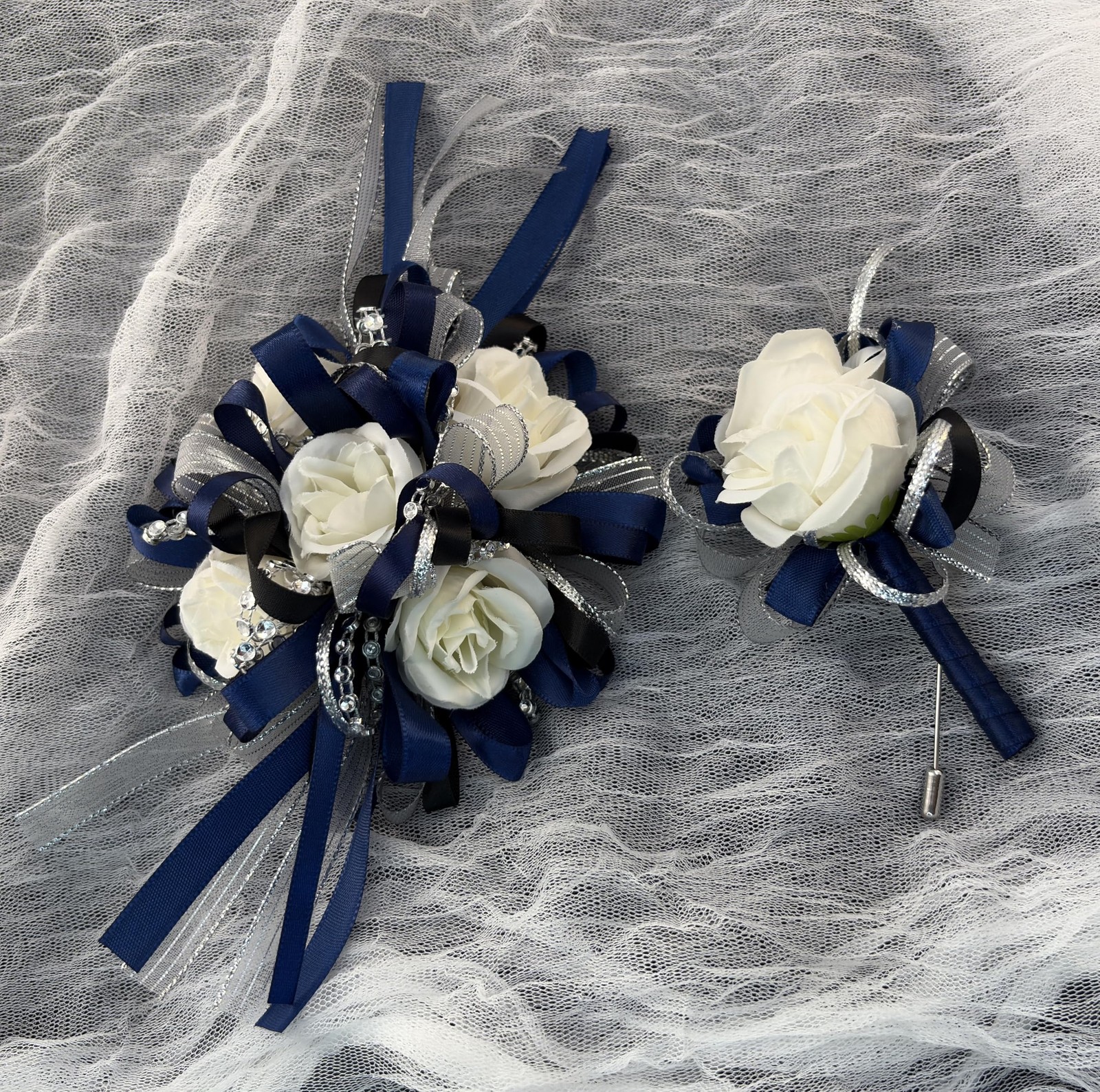 Rose Wedding Corsage Boutonniere Set Floral Prom Suit Decoration Dark Blue