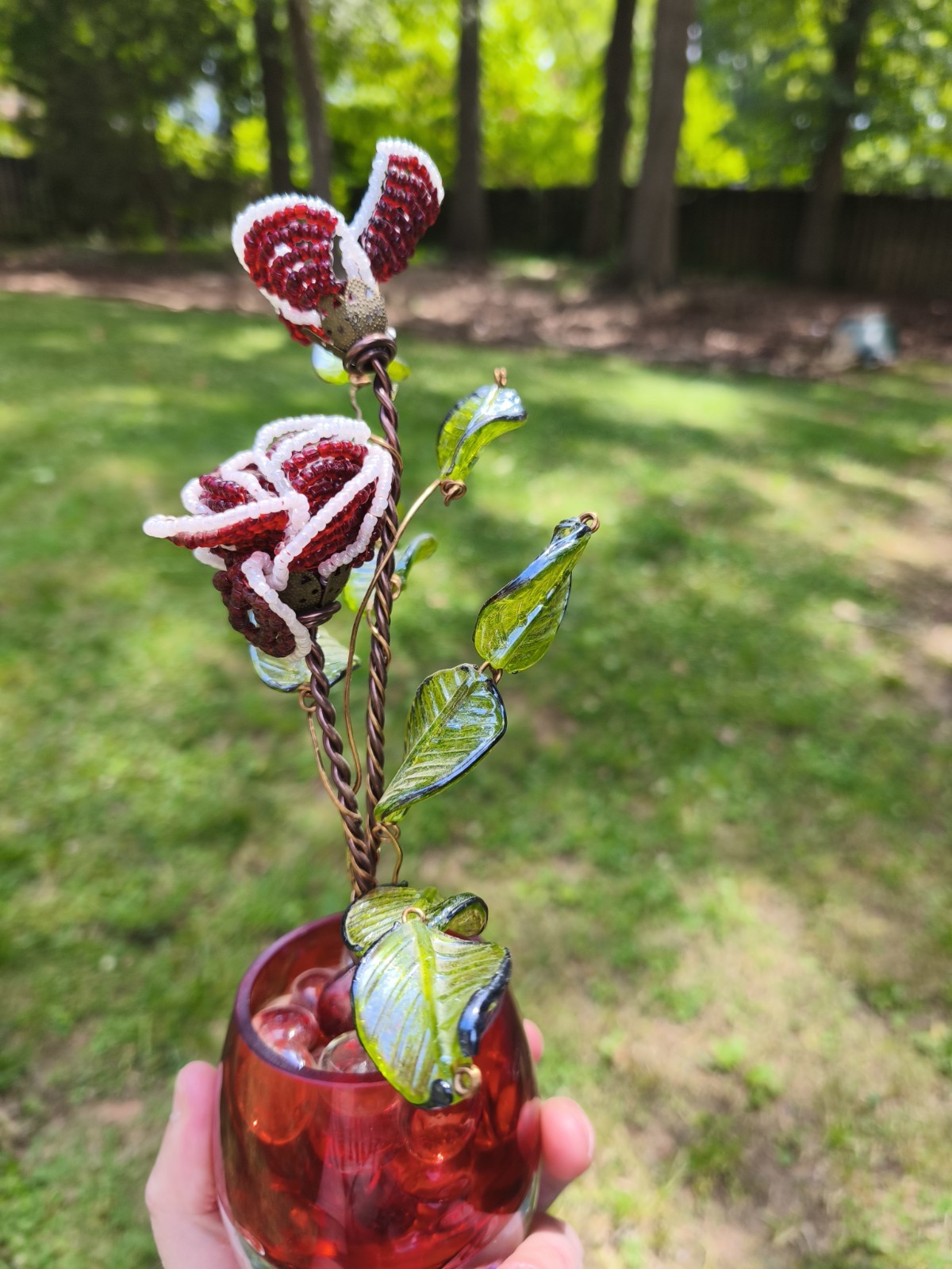 Vintage Handmade Beaded Rose Flower Arrangement Glass Vase Floral Decor