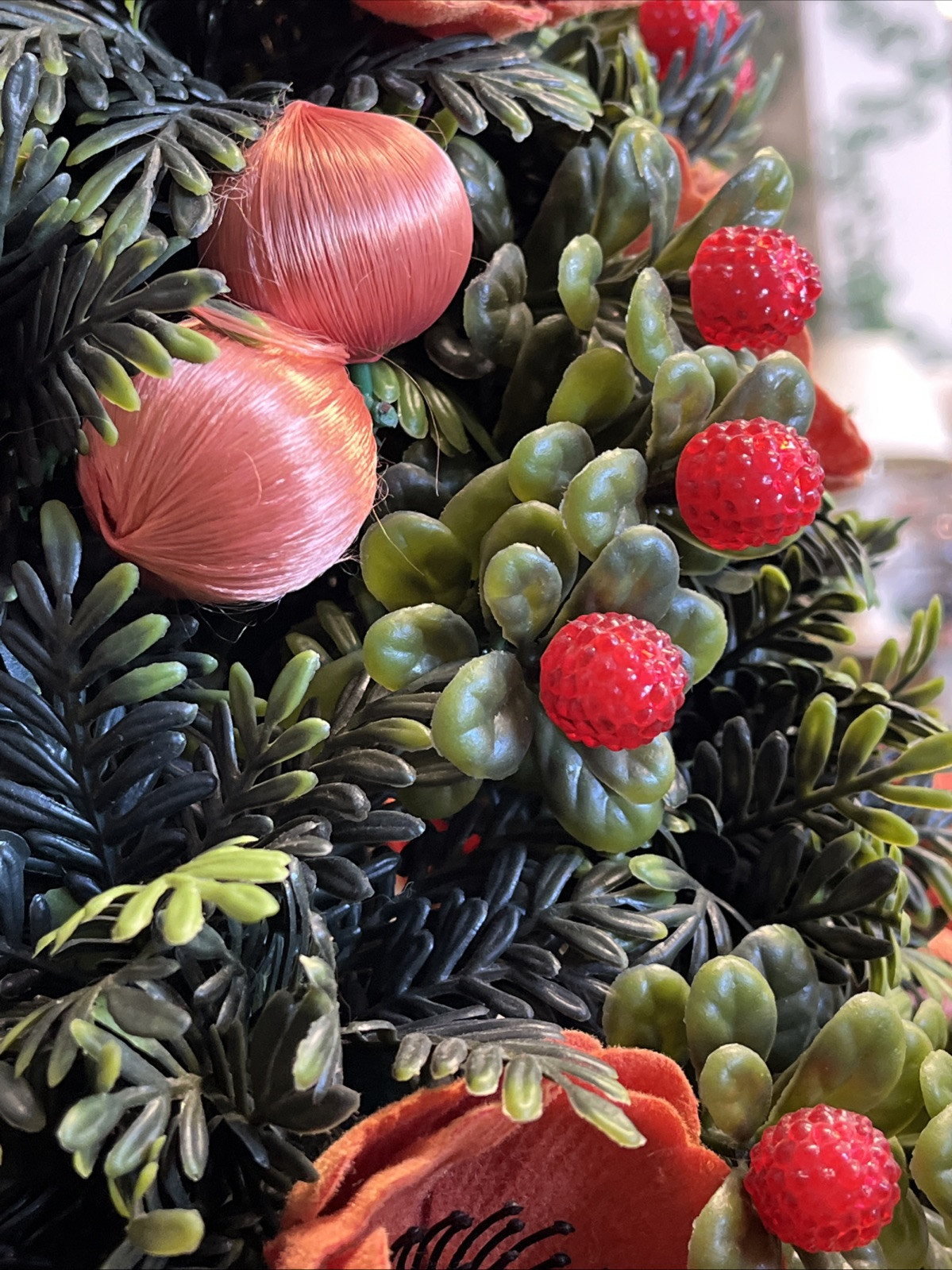 Vtg Mid-Century Plastic Floral Poppies Fruit Arrangement Centerpiece Xmas Tree