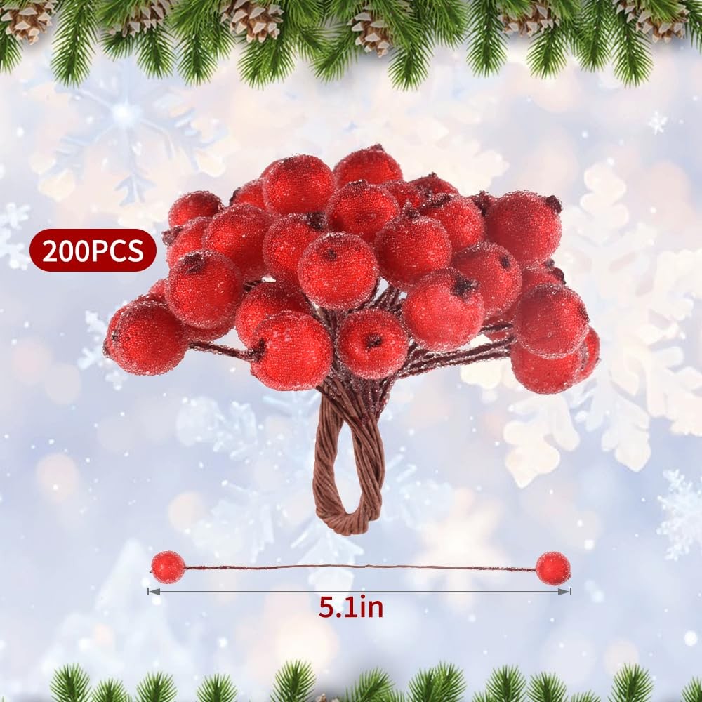 200PCS Artificial Holly Berries Wired Stems Artificial Flowers 12MM Frosted F…