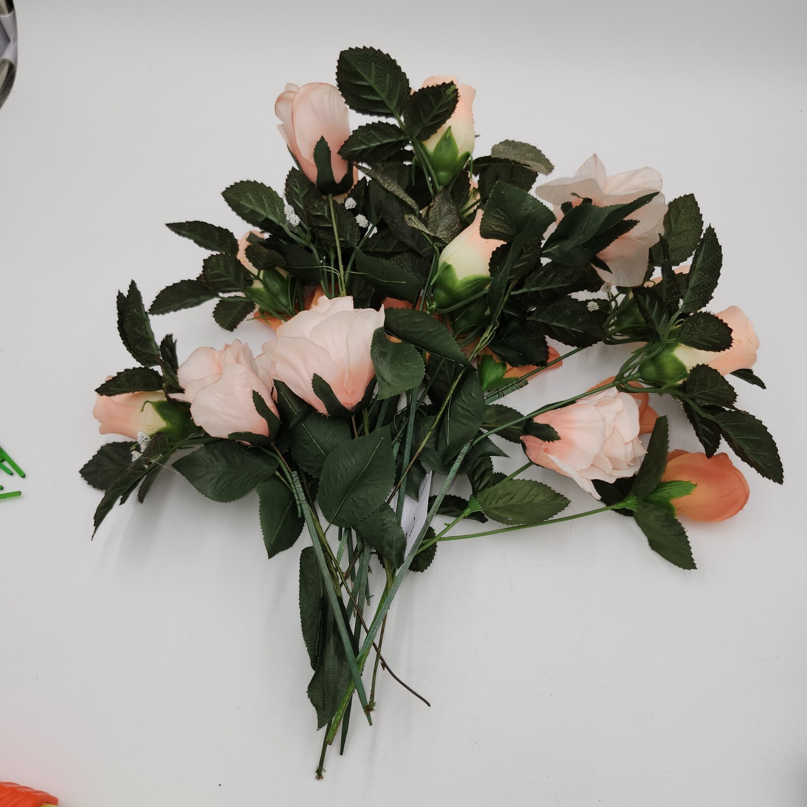 vintage faux fake artificial flowers peach roses w/raindrops 16″
