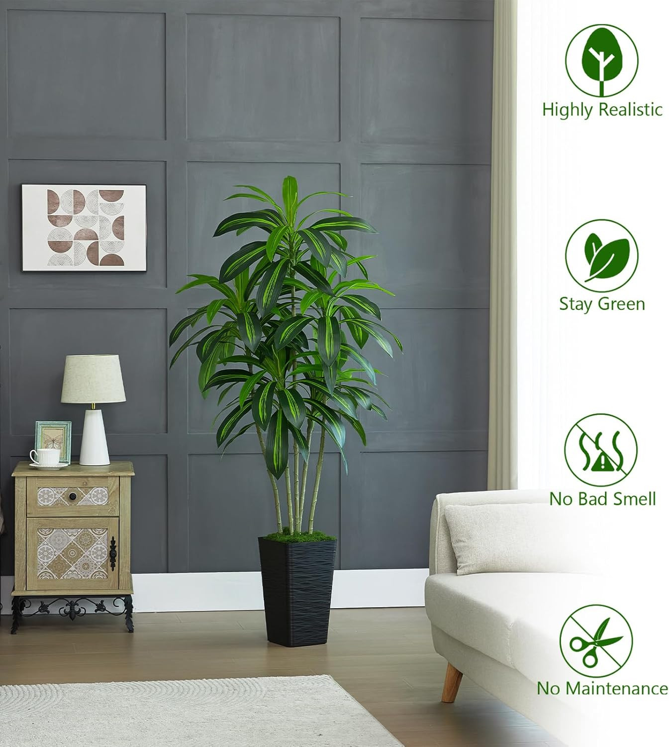 6FT Artificial Dracaena Tree in White Tall Planter – Faux Tropical Yucca Plant