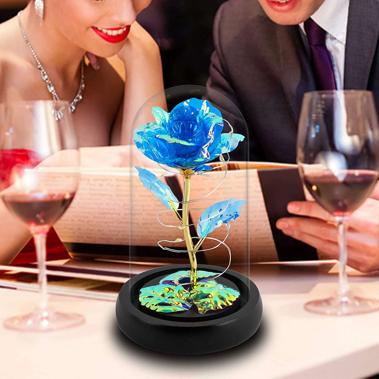 Blue Colorful Artificial Flower Rose Gift, Light up in Glass Dome, Women Gifts