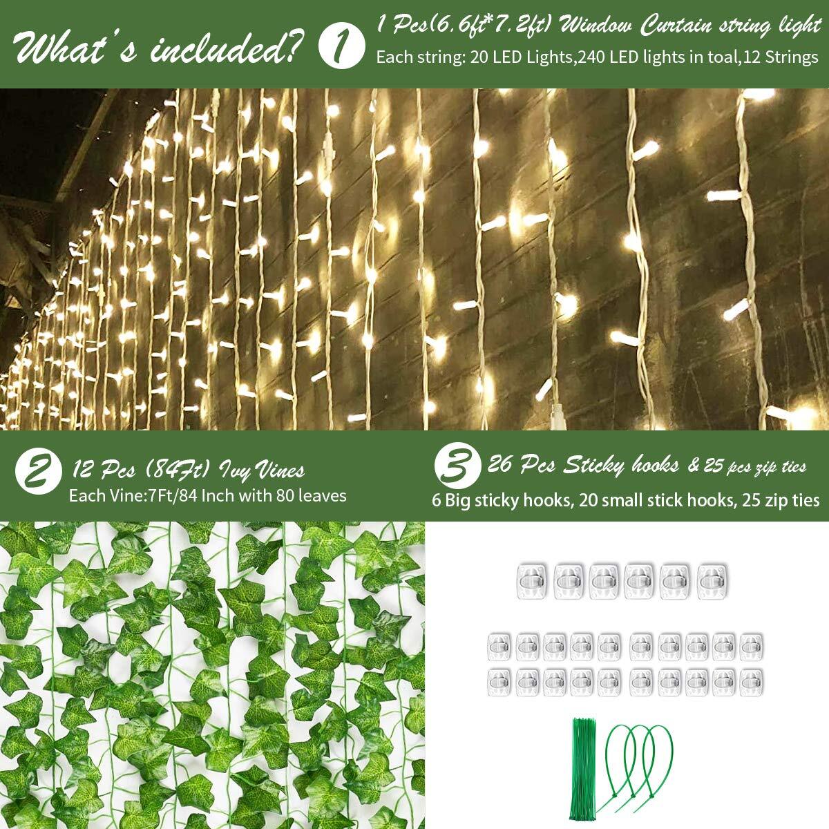 12 Pack Artificial Ivy Leaf Plants with 240 LED Window Curtain String Lights,…