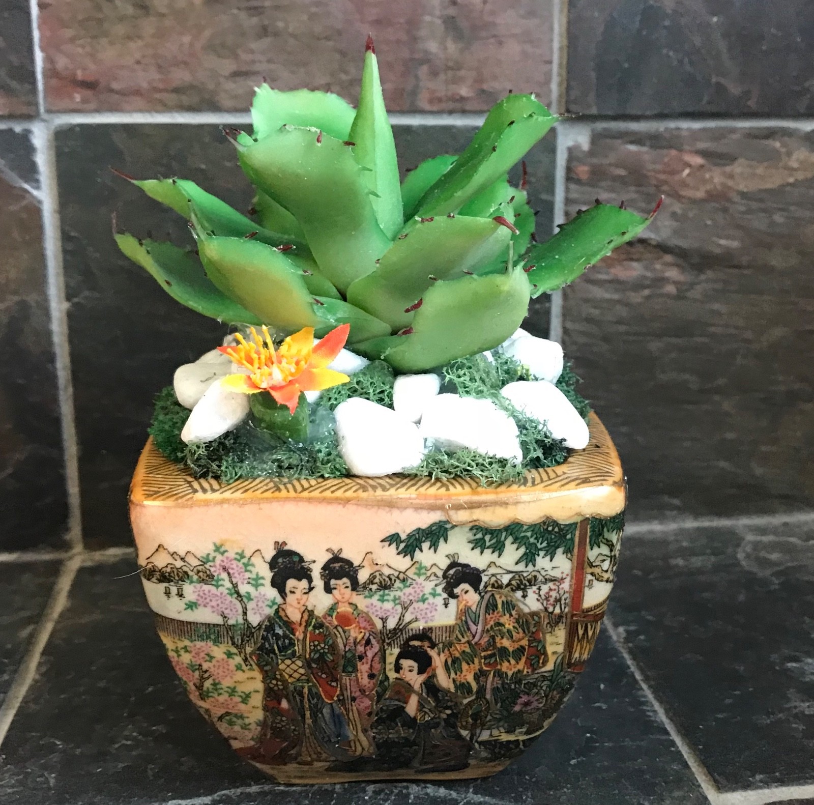 Artificial Green Grass Succulent Planter in a Satsuma Bowl with Geishas