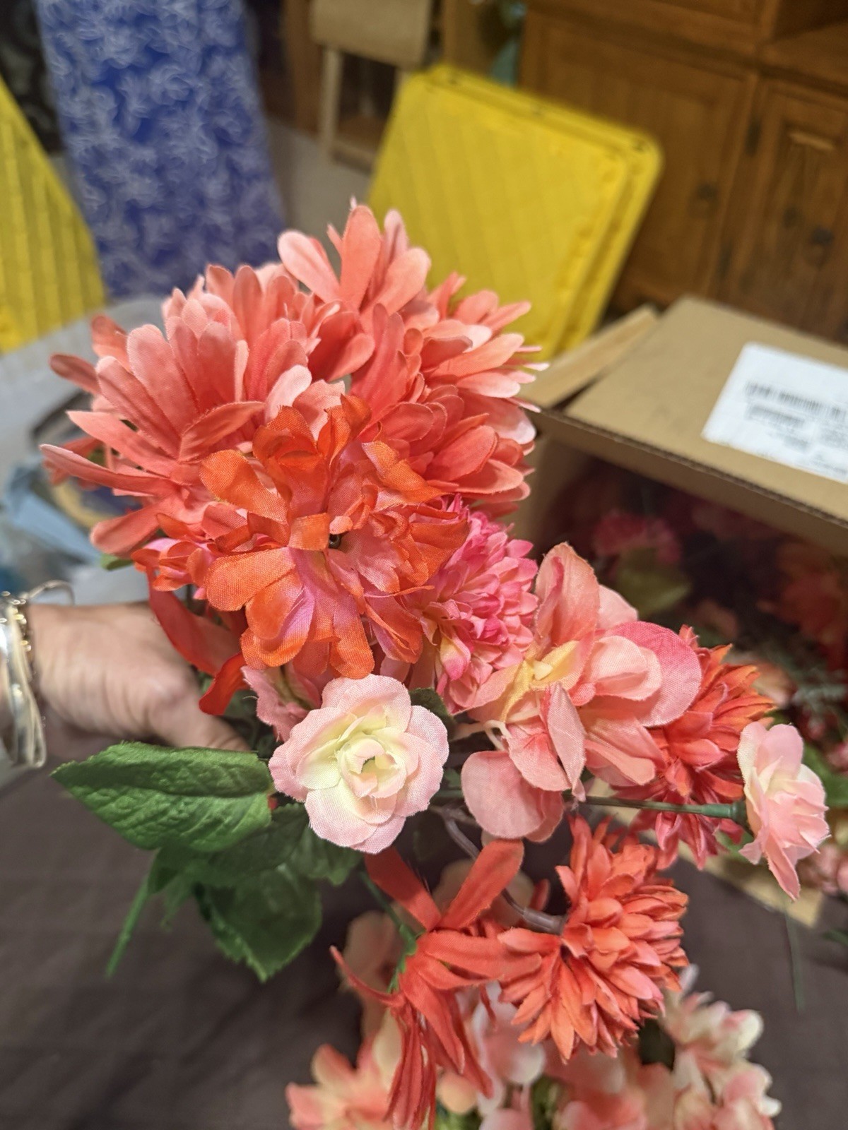 Large Lot / Box of Miscellaneous Artificial Silk Flowers – Bright Coral Shades