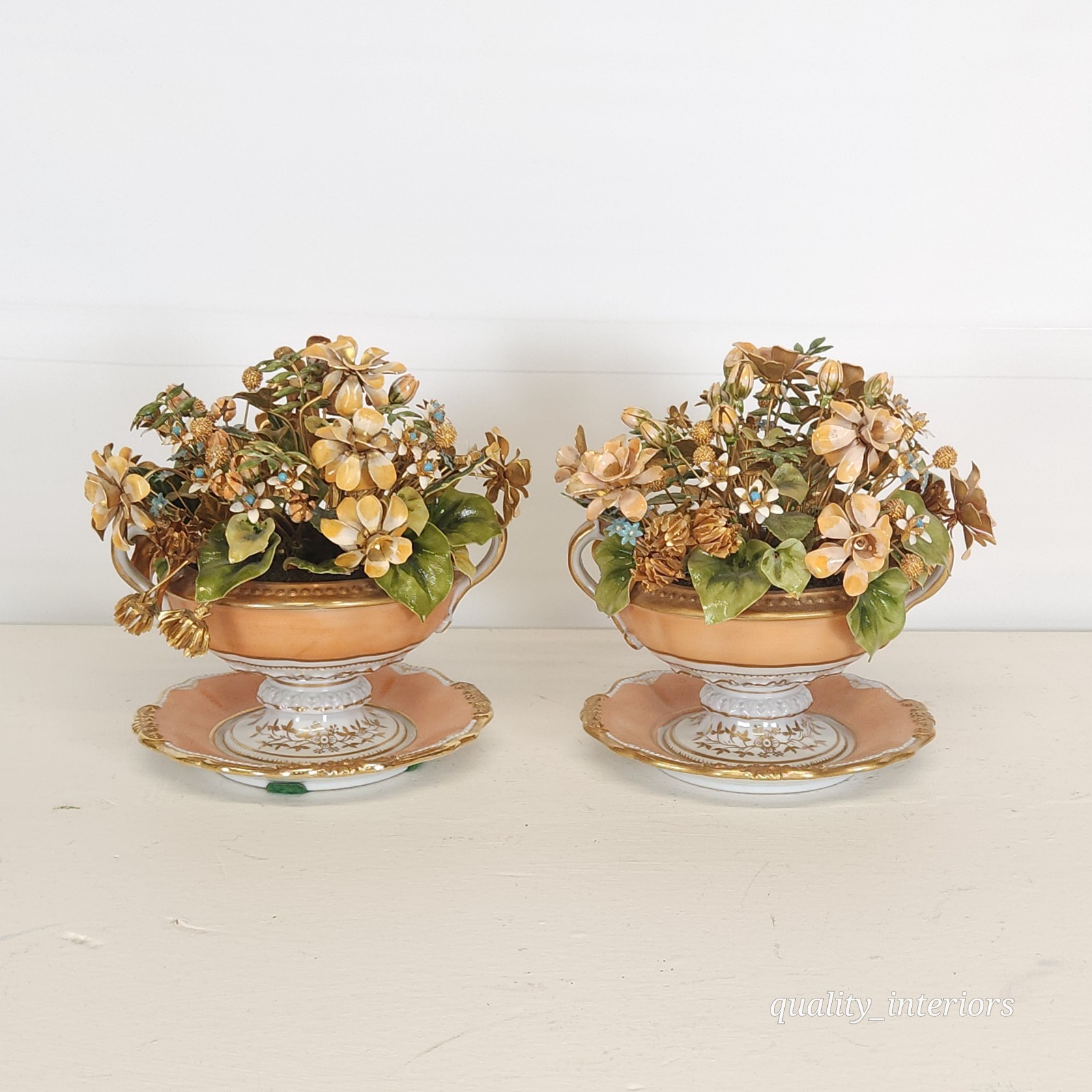 Pair Jane Hutcheson for Gorham Apricot Teacup & Saucer Floral Arrangement