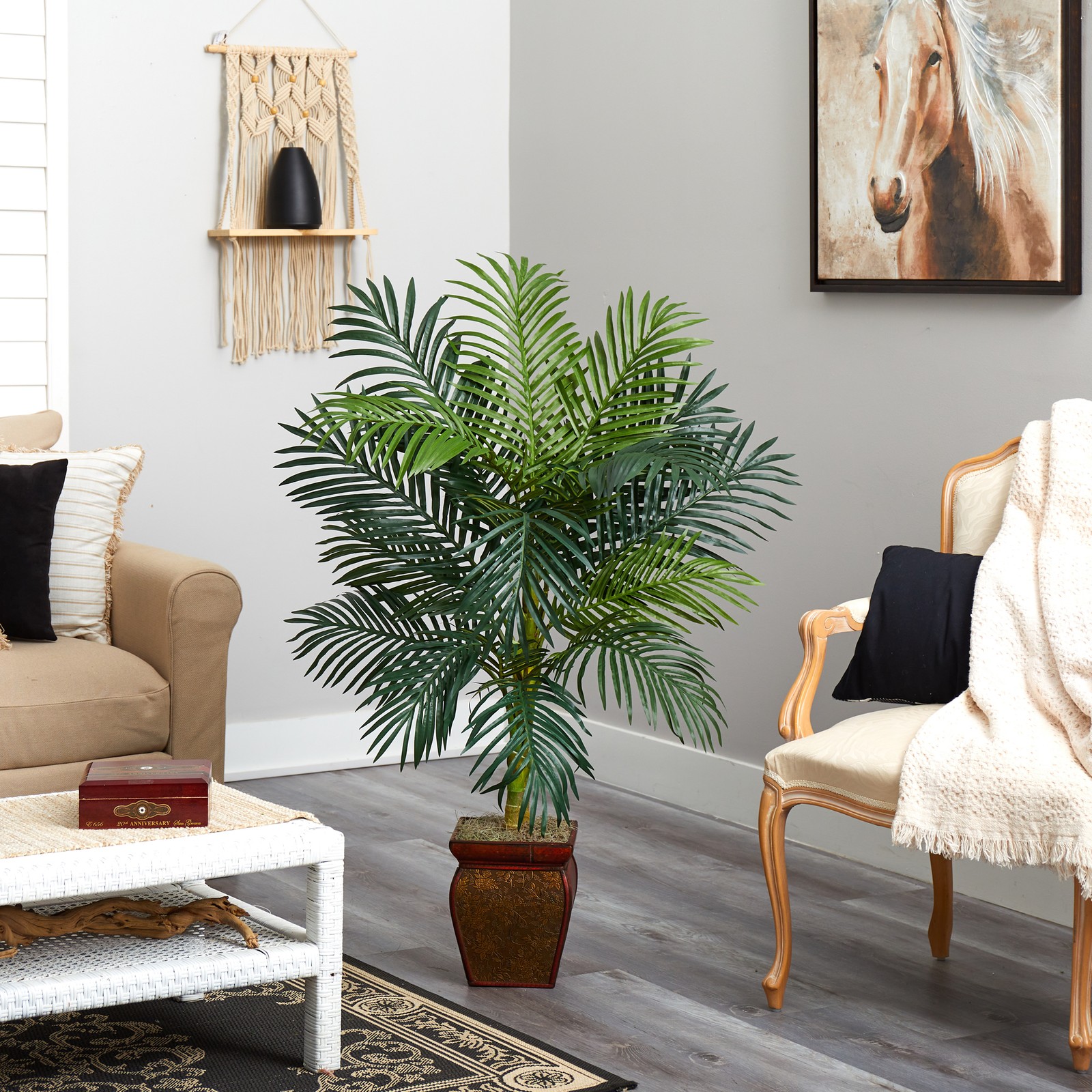 Nearly Natural 54″ Golden Cane Palm with Decorative Container in Green/Brown