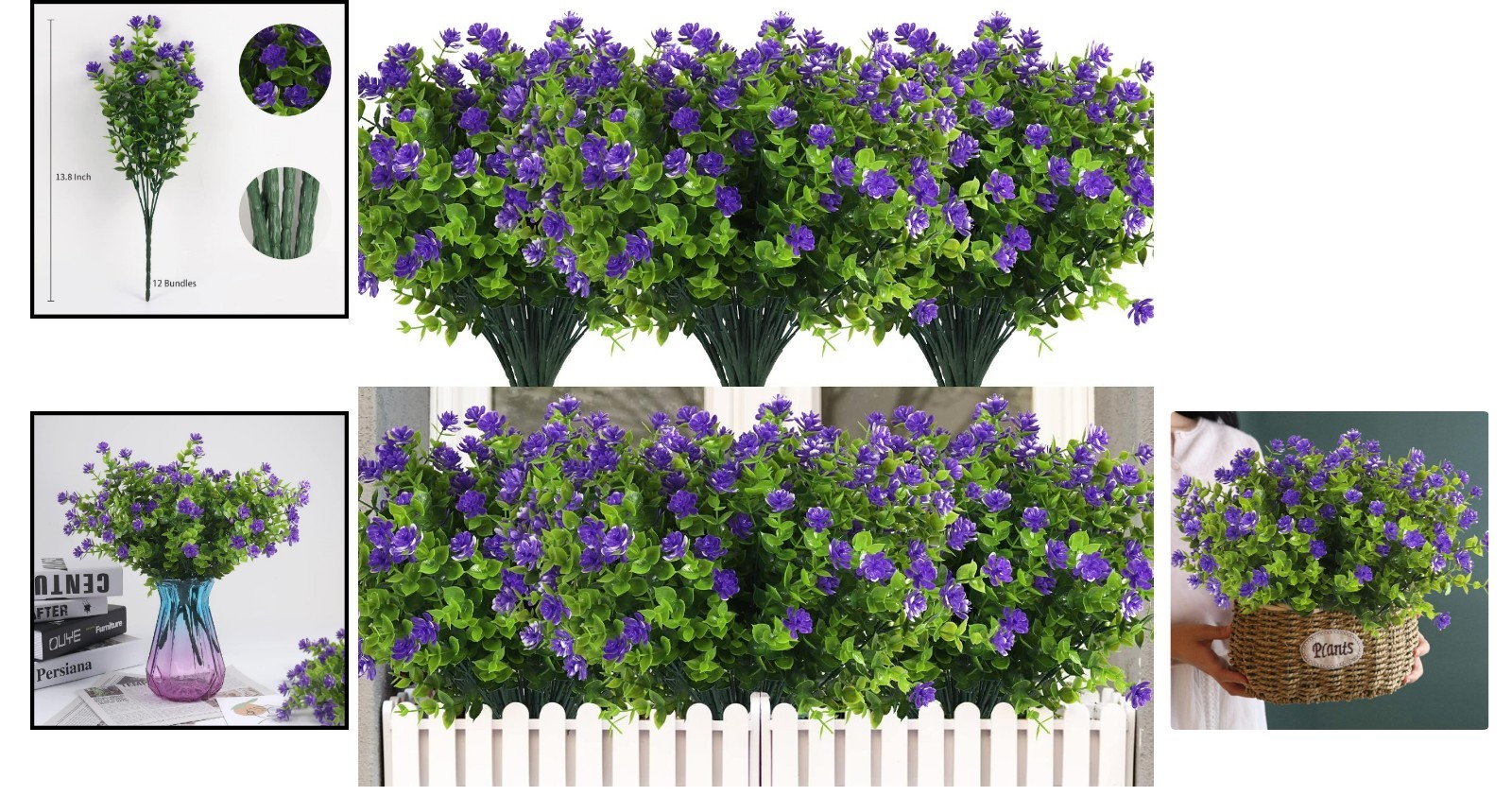 Lifelike 12 Bundle Plastic Flowers: Purple Lotus with Eucalyptus for Home Decor