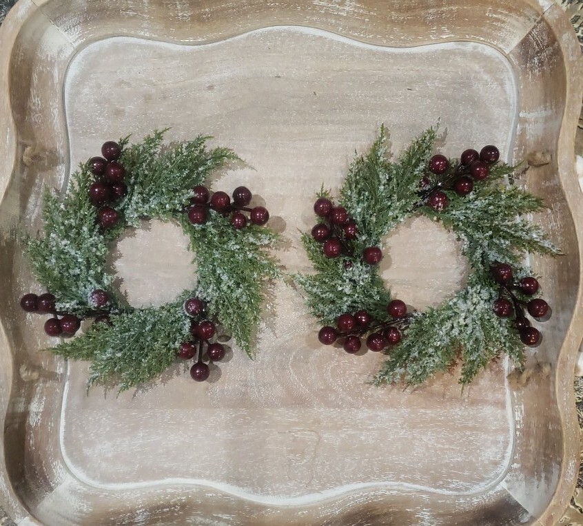 PAIR Farmhouse Primitive FROSTED CRANBERRY CEDAR PINE CANDLE RING 3″ CENTERS