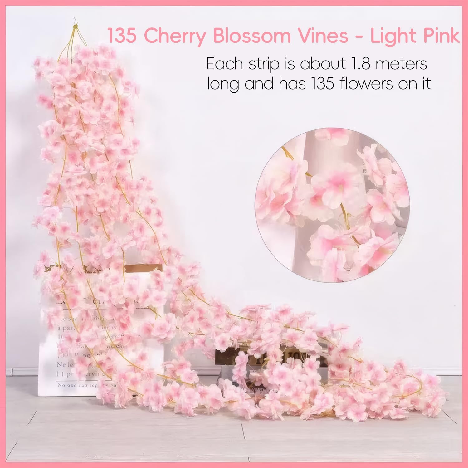 3Pcs 5.91 Ft Artificial Cherry Blossoms Garland Pink Fake Vines Hanging Silk Che