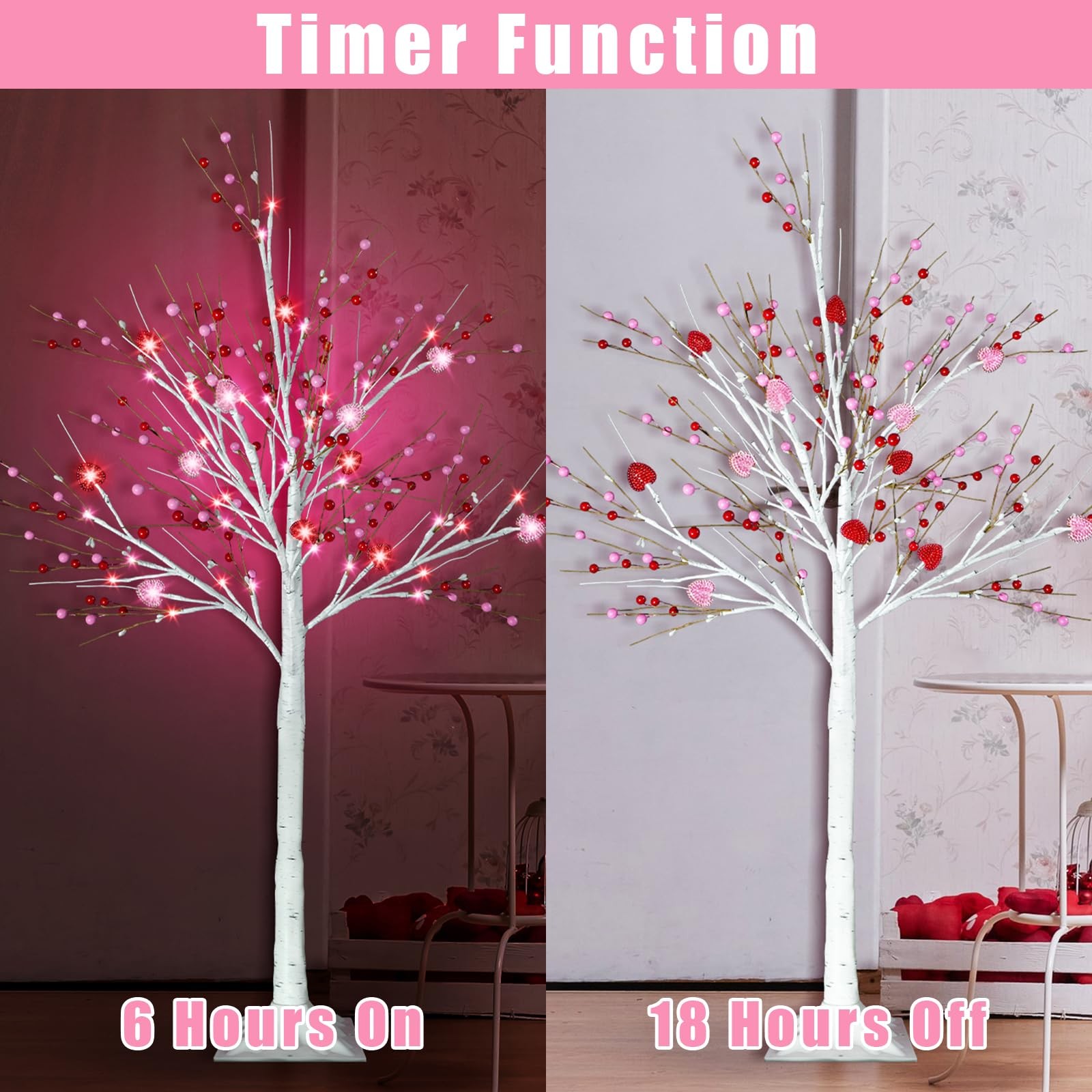 2 PCS 4 FT Lighted Birch Tree 48 LED Heart Berry Ornaments Red Pink Lights
