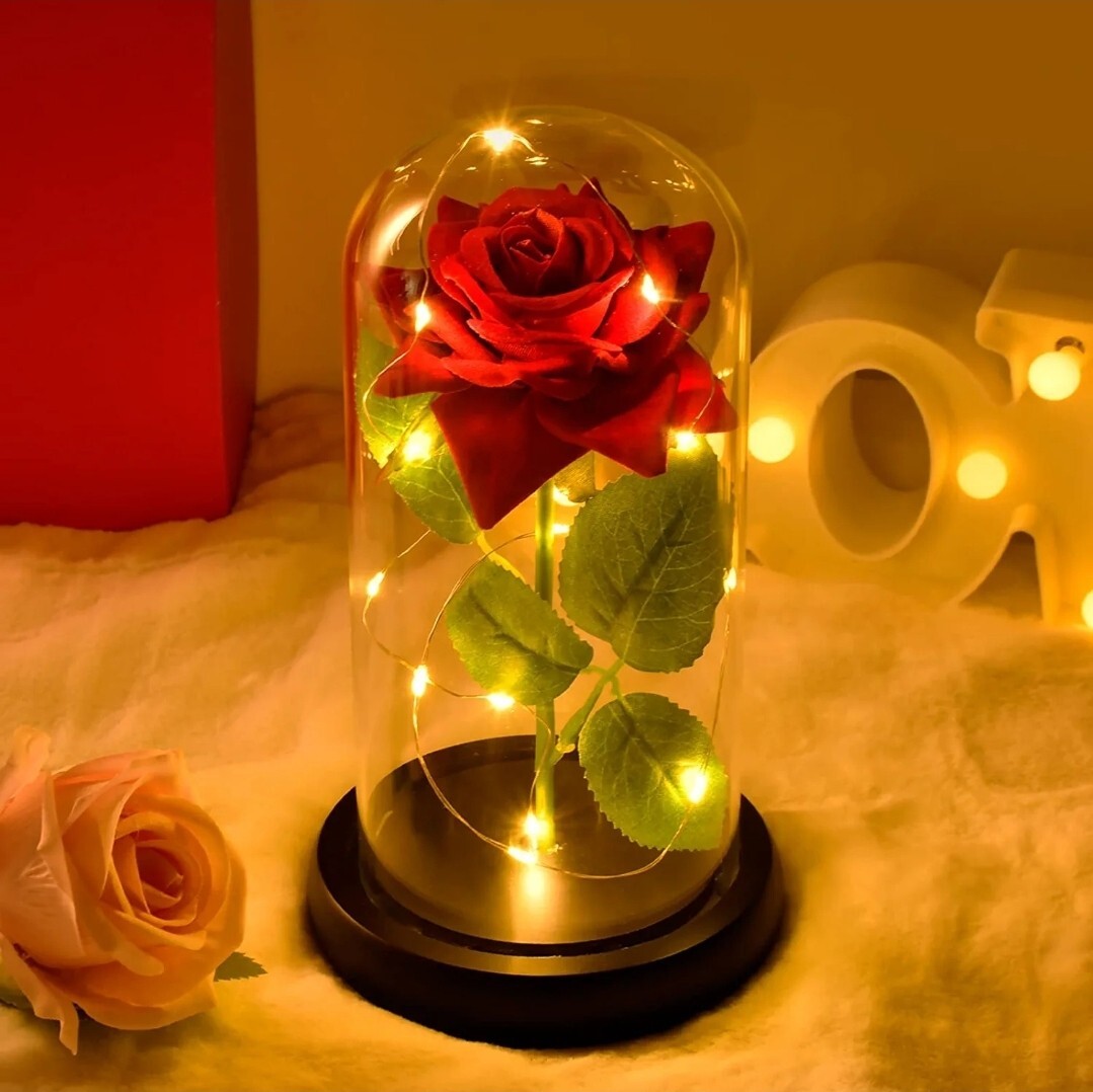 Red Artificial Galaxy Flower Rose Gift LED String Light Lamp in Glass Dome