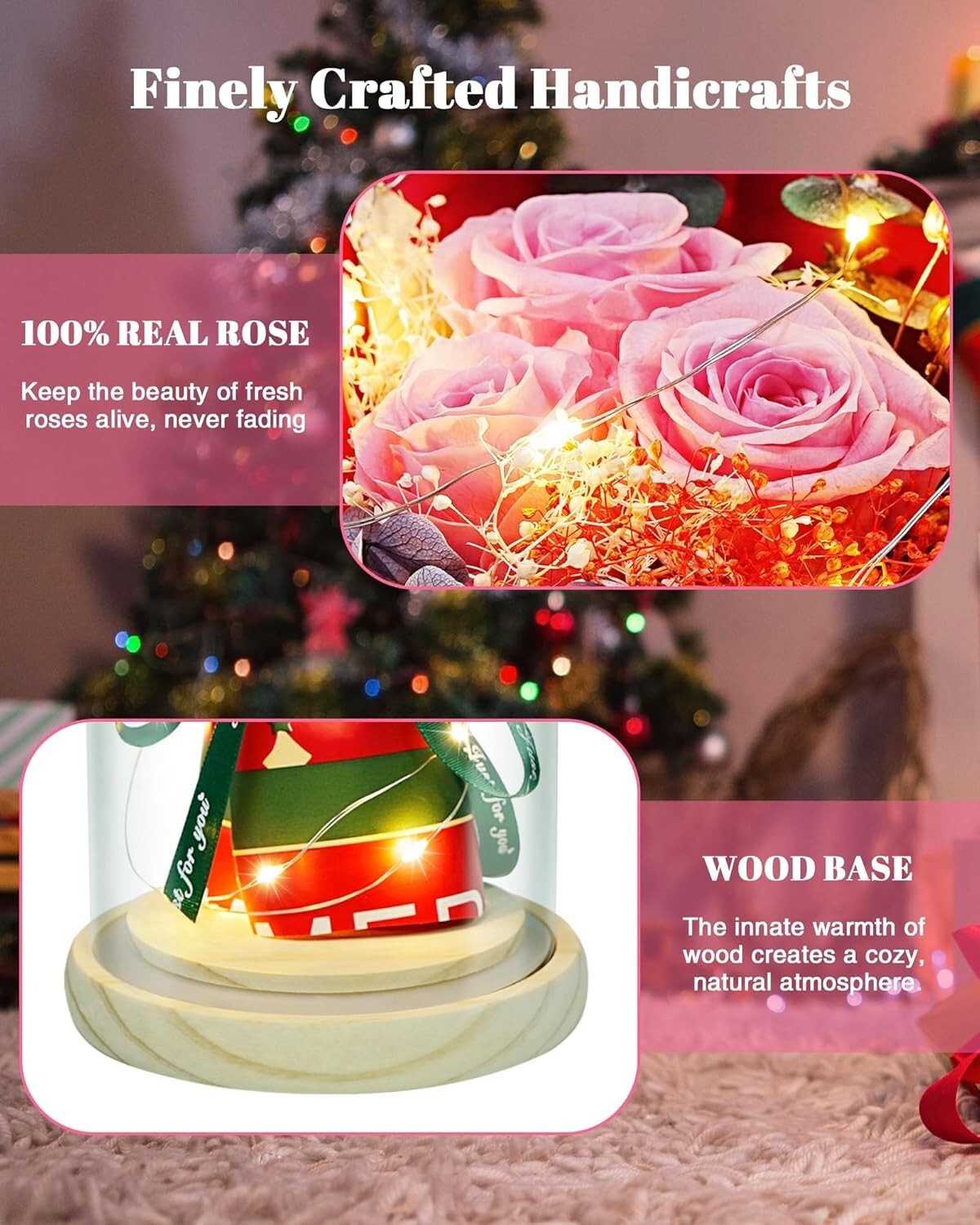 Flowers in Glass Pink Real Rose Bouquet with LED Light Eternal Rose for Her