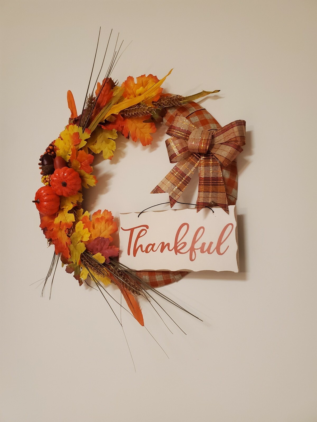 THANKFUL orange yellow FLOWERS pumpkins WREATH FALL autumn Decor Front Door 16″