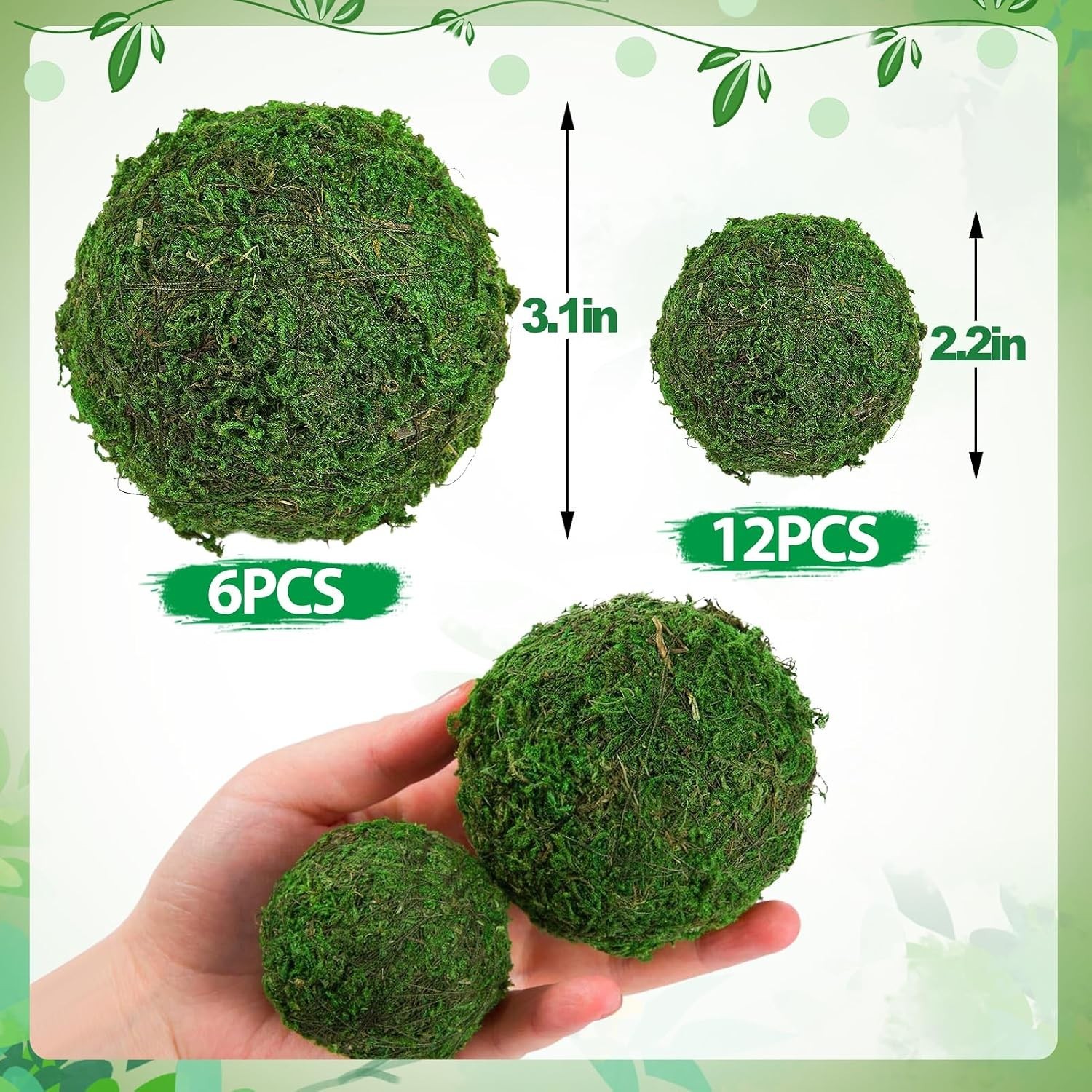 18 Pack Decorative Faux Dried Moss Balls- 6pcs 3.1″ Artificial Green Plant Mo…