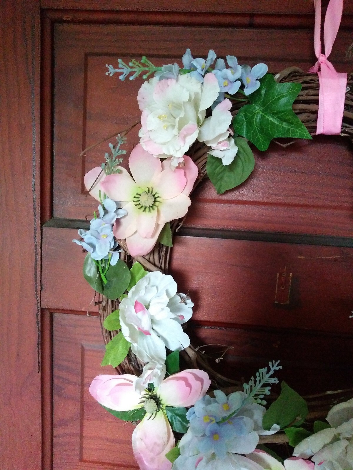Springtime Pink, White And Blue Flowers W/green Leaves Grapevine Wreath…