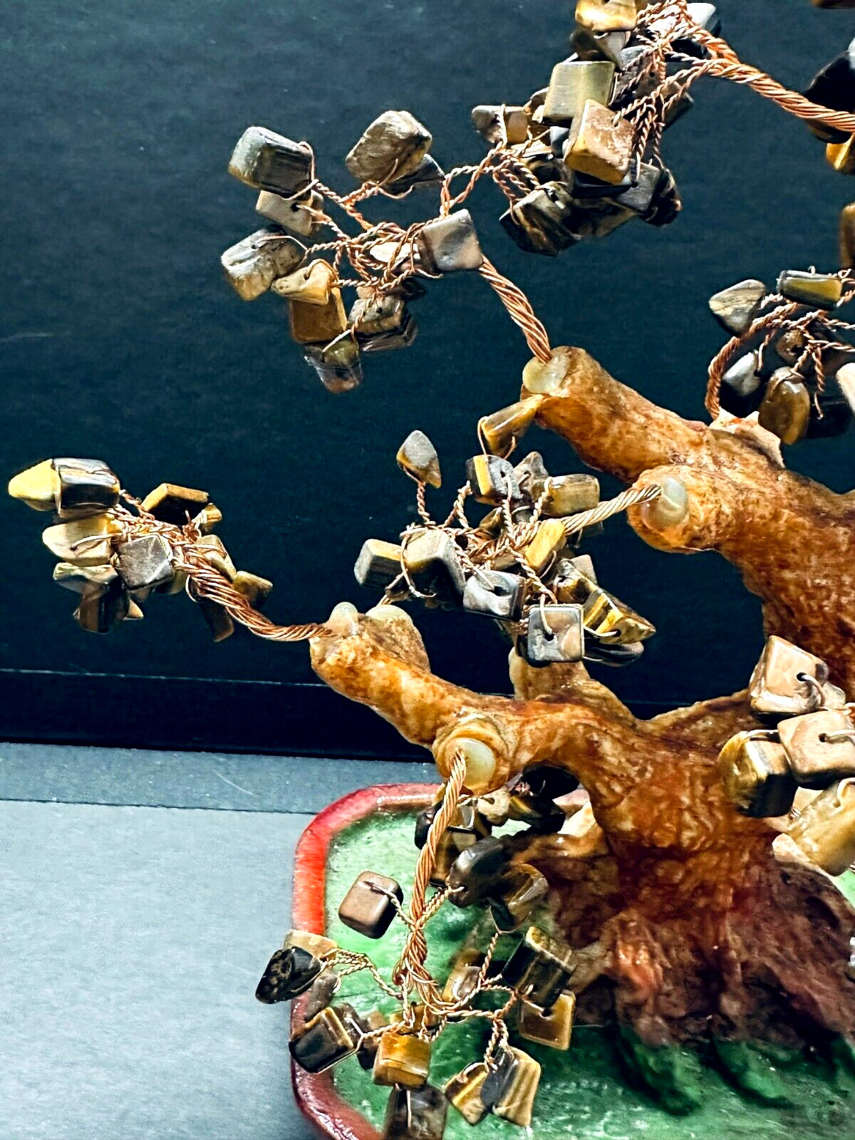 💕Vintage Twisted Copper Wire Bonsai Tyger Eyes Gemstone Tree Ceramic Pot 10″