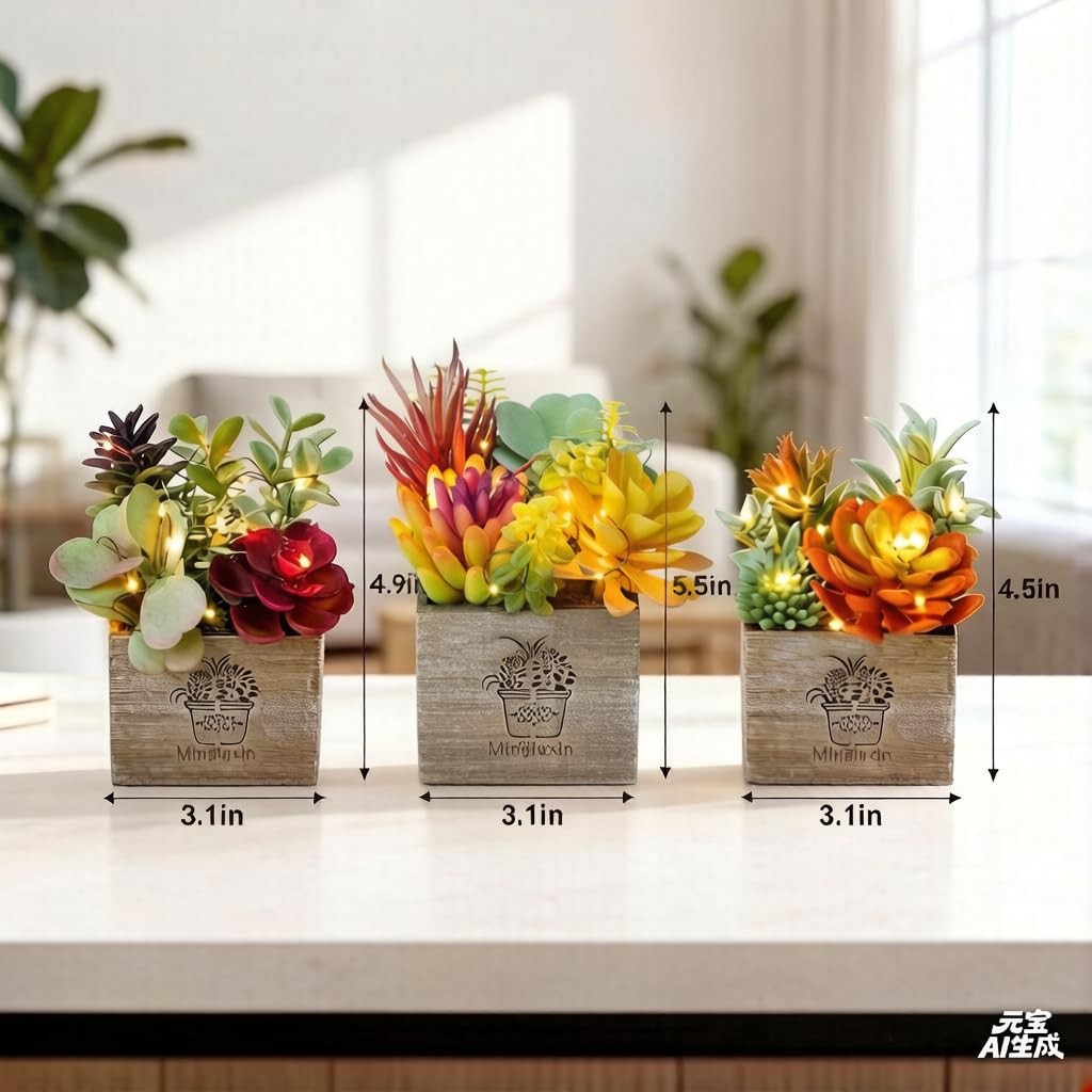 Artificial Succulents Plants With Lights Small Faux Potted Decor Office