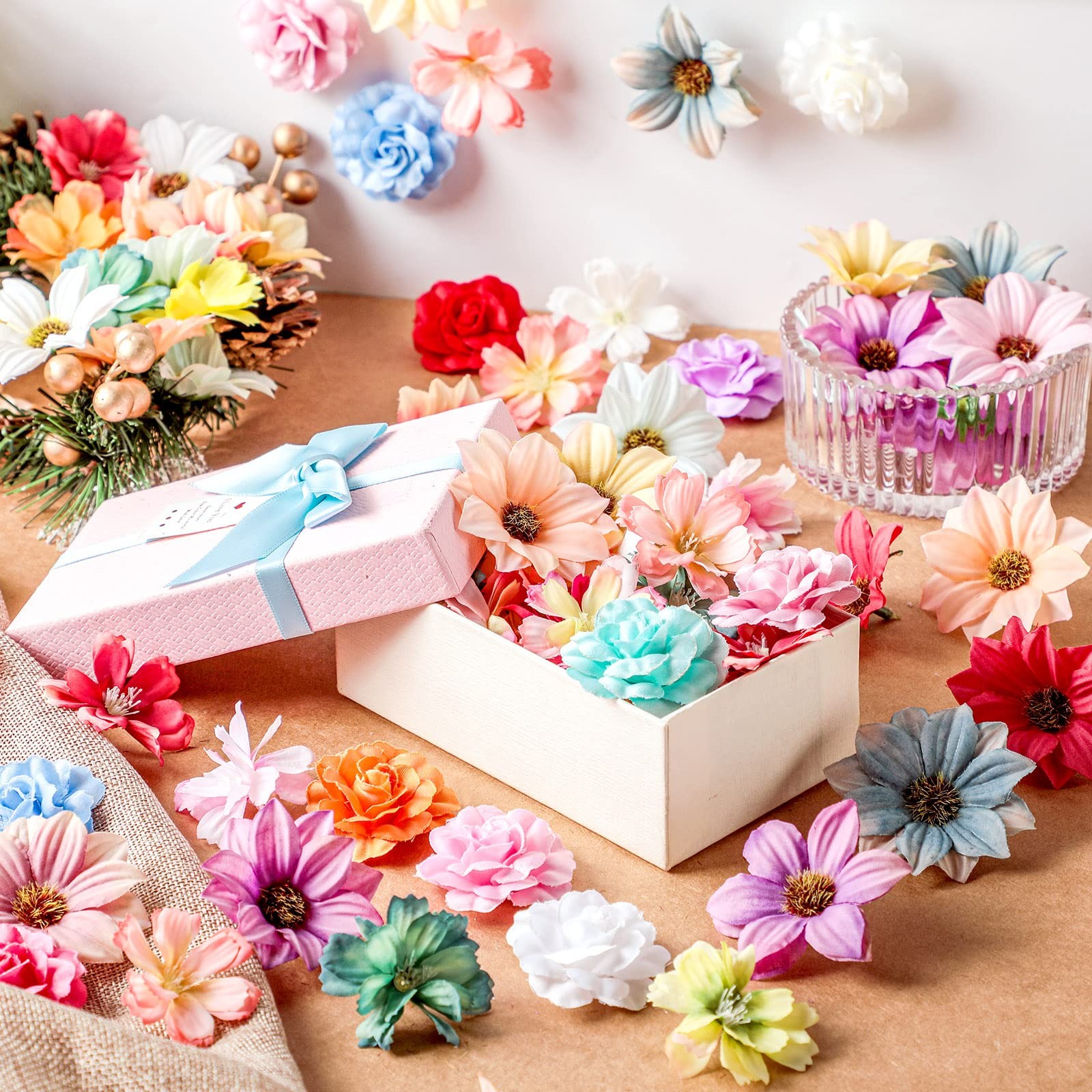 100 PCS Assorted Flower Heads Decorative Artificial Faux Floral Craft Supply