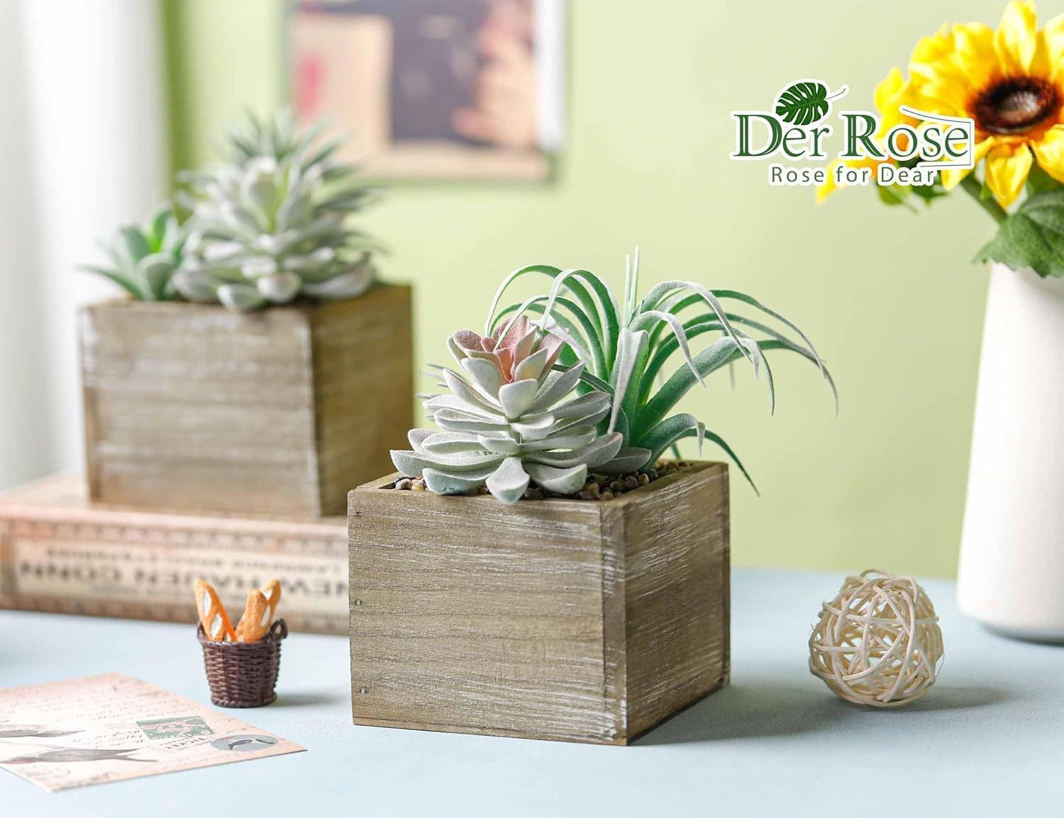 2 Pack Fake Plants Succulents Plants Artificial Cactus Plants in Wood Pots with
