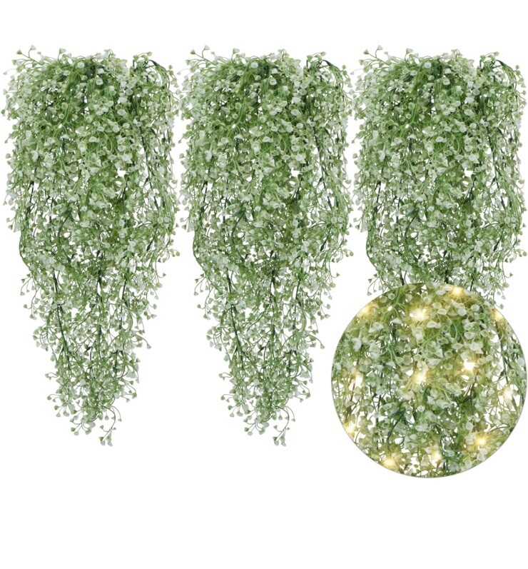 6Pcs GREEN Artificial Hanging Plants W/LED Strip Lights, Room Decor Fake Vines