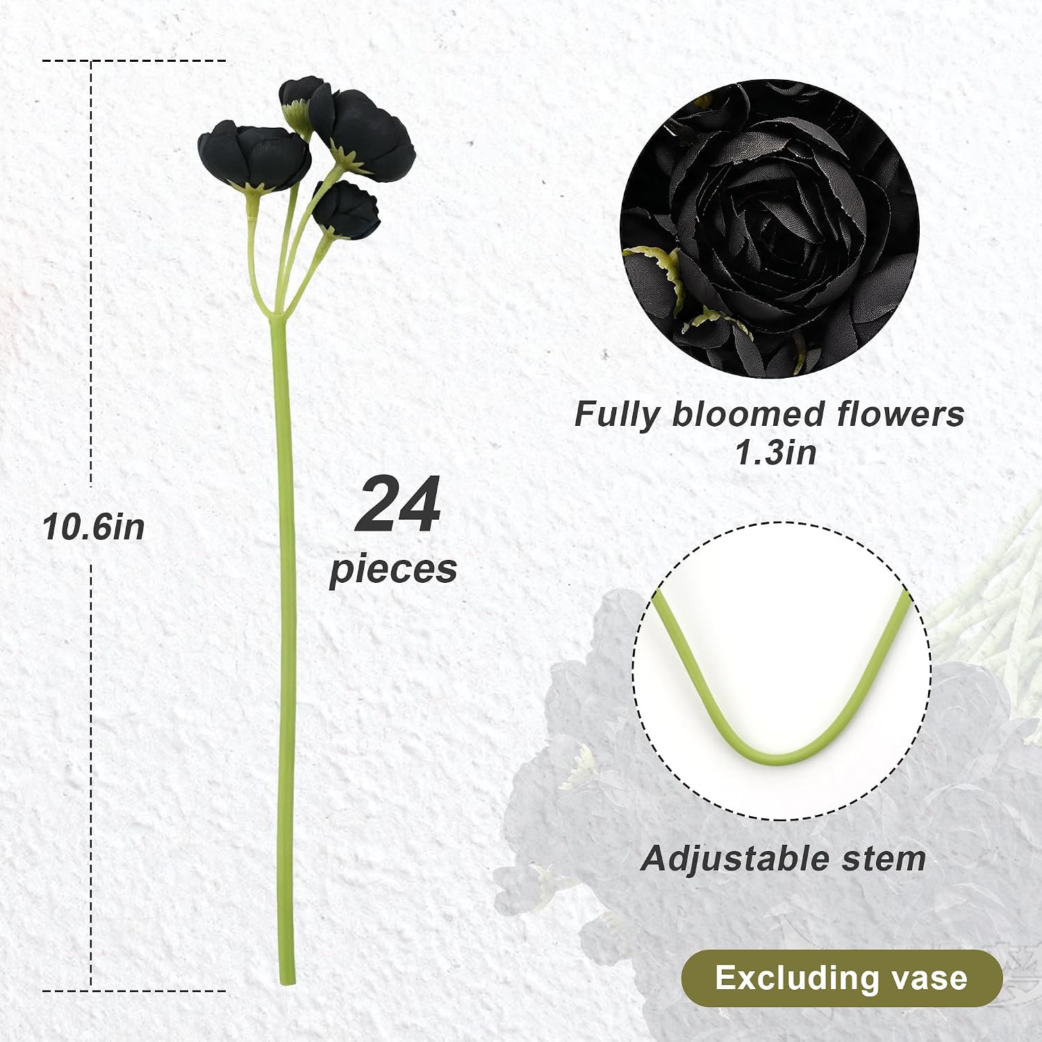 Black Faux Silk Ranunculus Bouquet – 24 Stems for Weddings & Home Décor