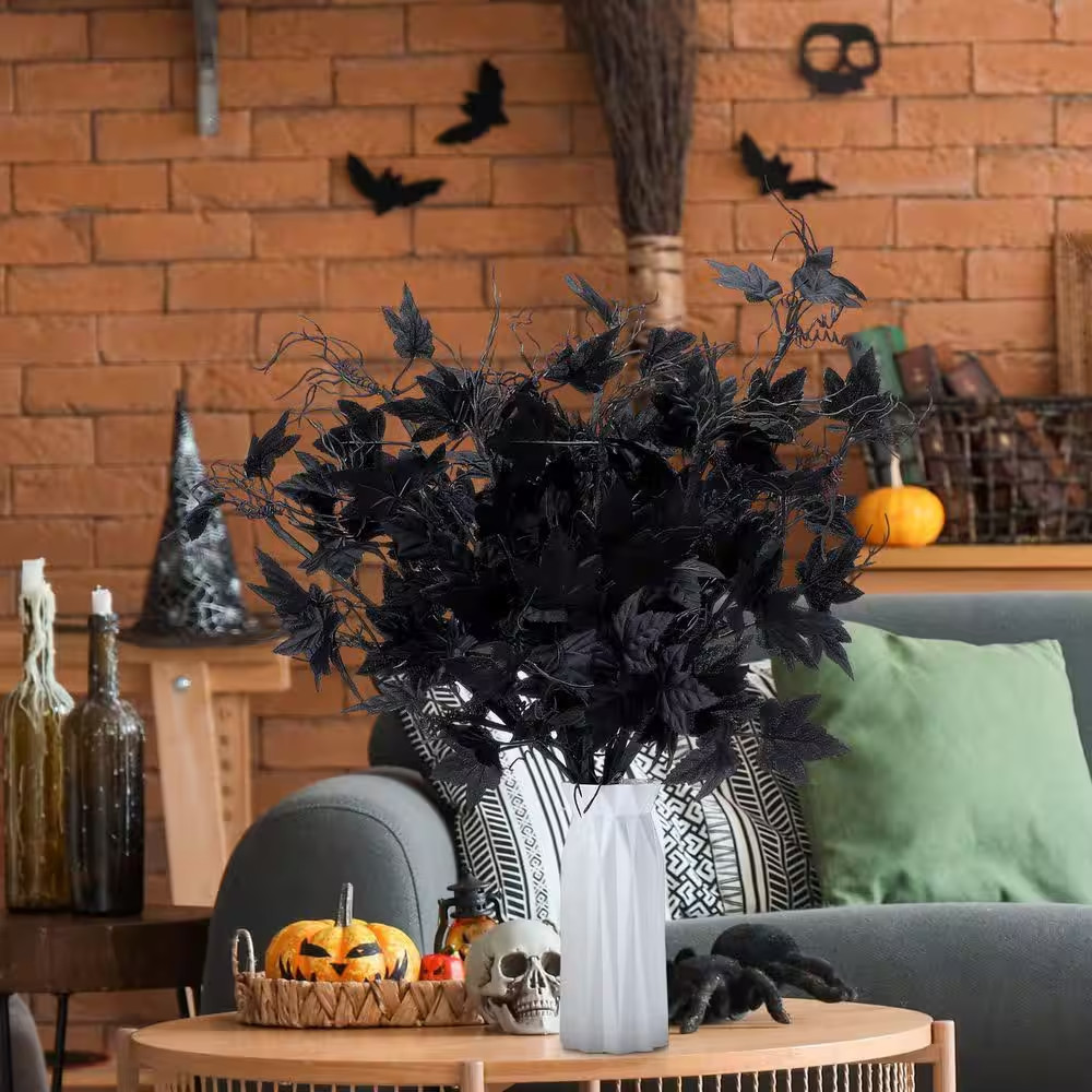 12 Pcs 19.7 In. Black Artificial Maple Leaf Branch Stem Halloween Gothic Floral