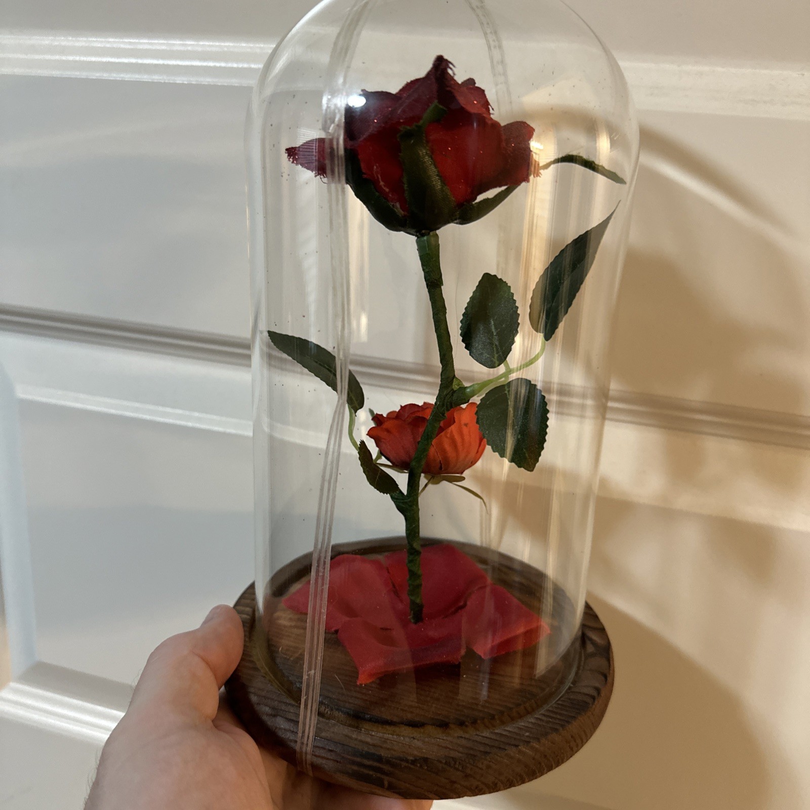 Rose In Glass Flower Dome Wood Base Pre-Drilled for Lights Beauty & The Beast