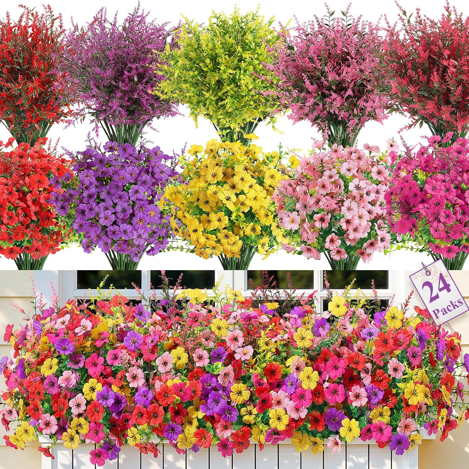 24 Bundles Artificial Flowers for Outdoors Decoration, Faux Plants Fake Silk