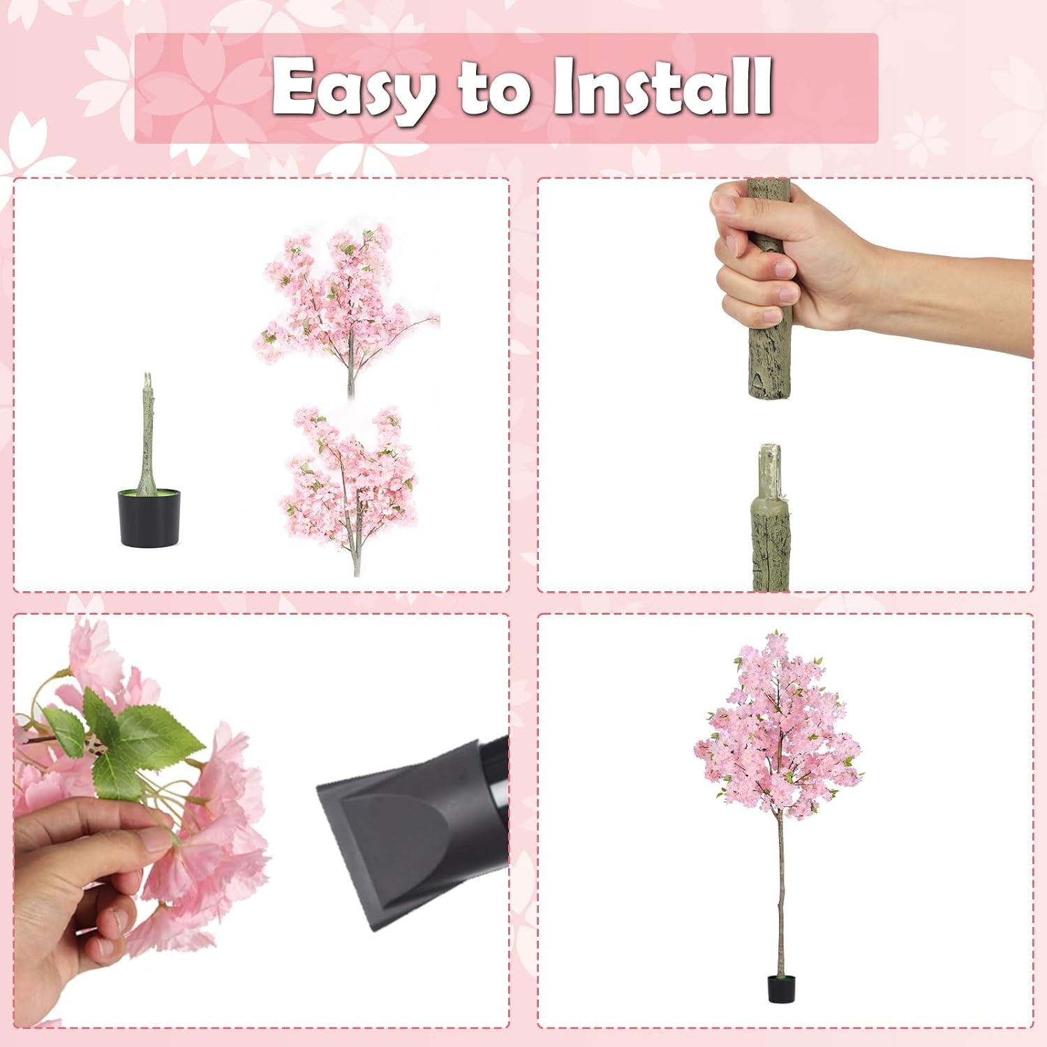 6FT Pink/White Cherry Blossom Artificial Tree, Fake Tree w/Plastic Nursery Pot