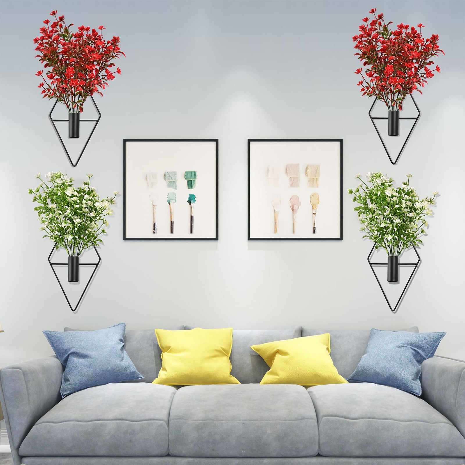 Plant Wall Decor with Red Artificial Flowers in Diamond Hanging Vase Set of 2…