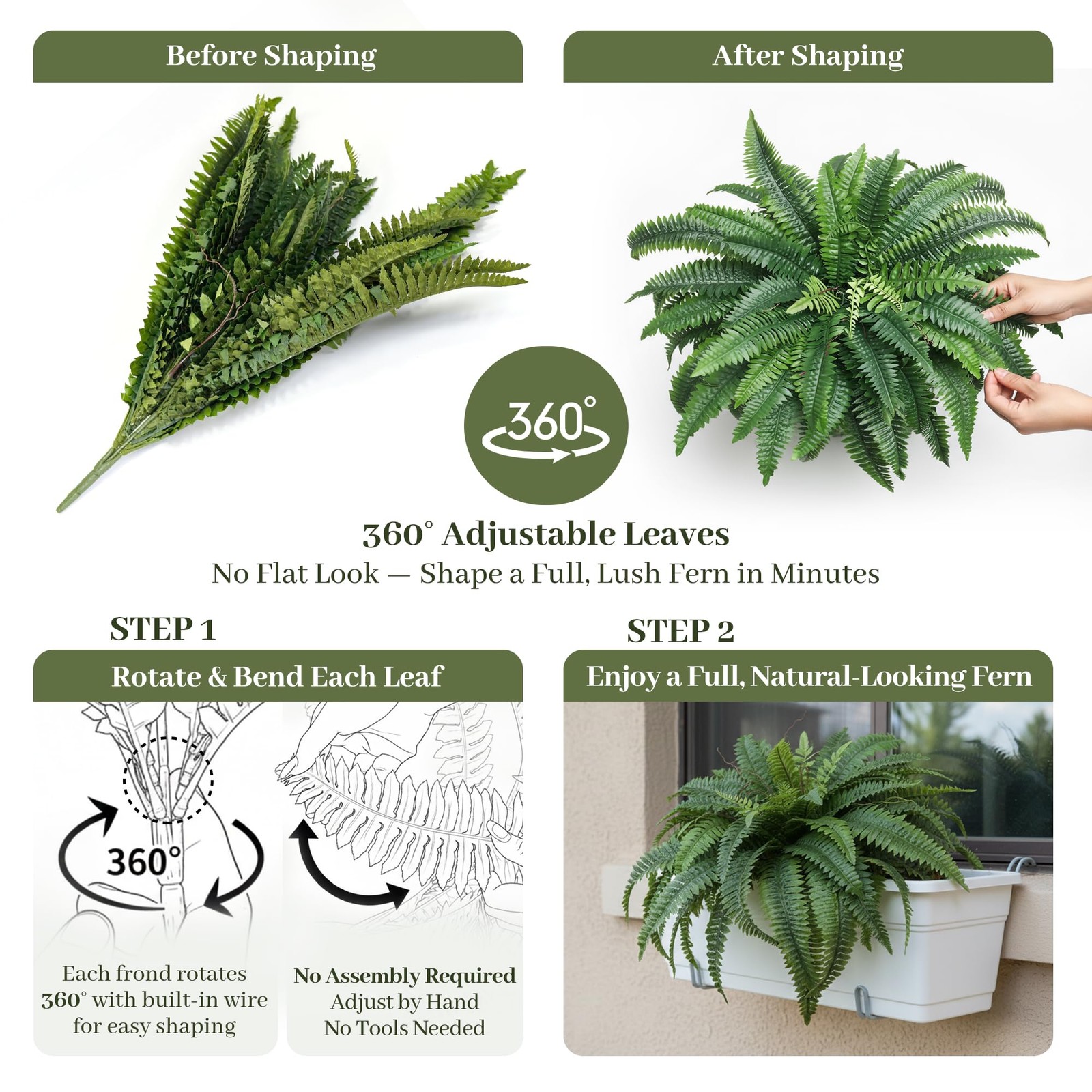 Artificial Boston Ferns, Fake Faux Fern Plants 45 Inch 2 Pack, Green Large Fe…