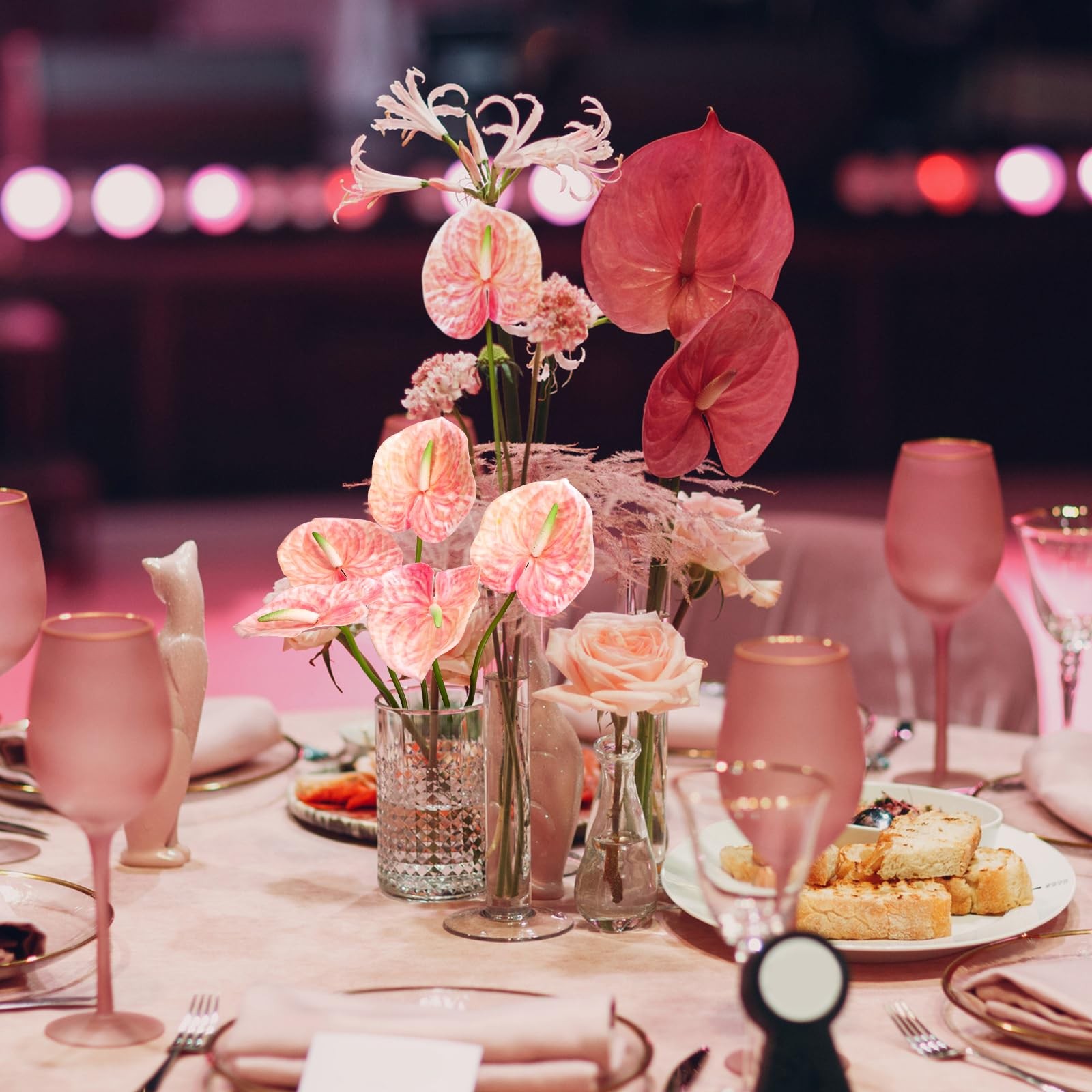 8 PCS 22.8 Inch Anthurium Artificial Flowers Pink Faux Silk Real Touch Vase