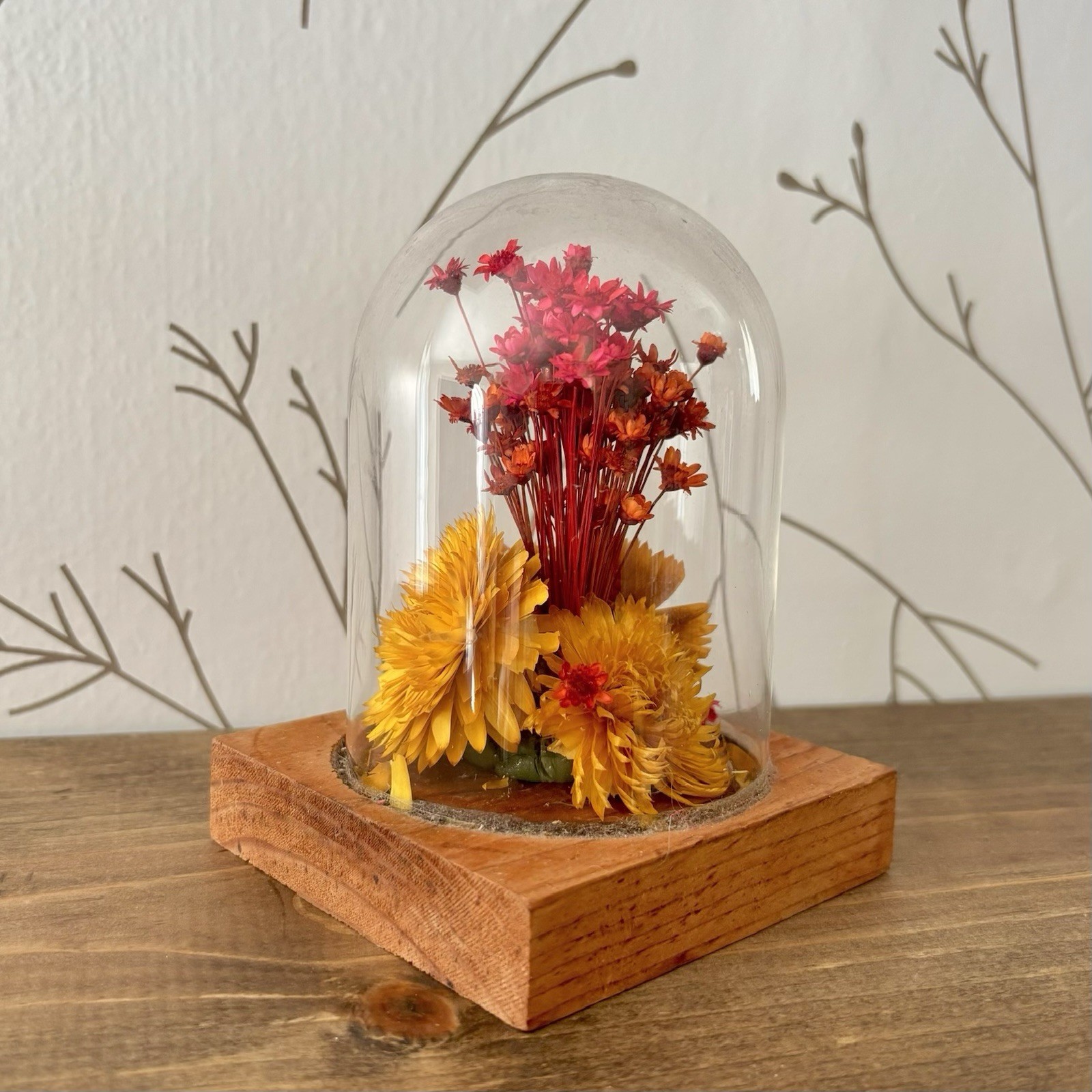 Vintage Dried Flowers Cloche Glass Dome Wood Base Boho Cottage Floral Shelf Deco