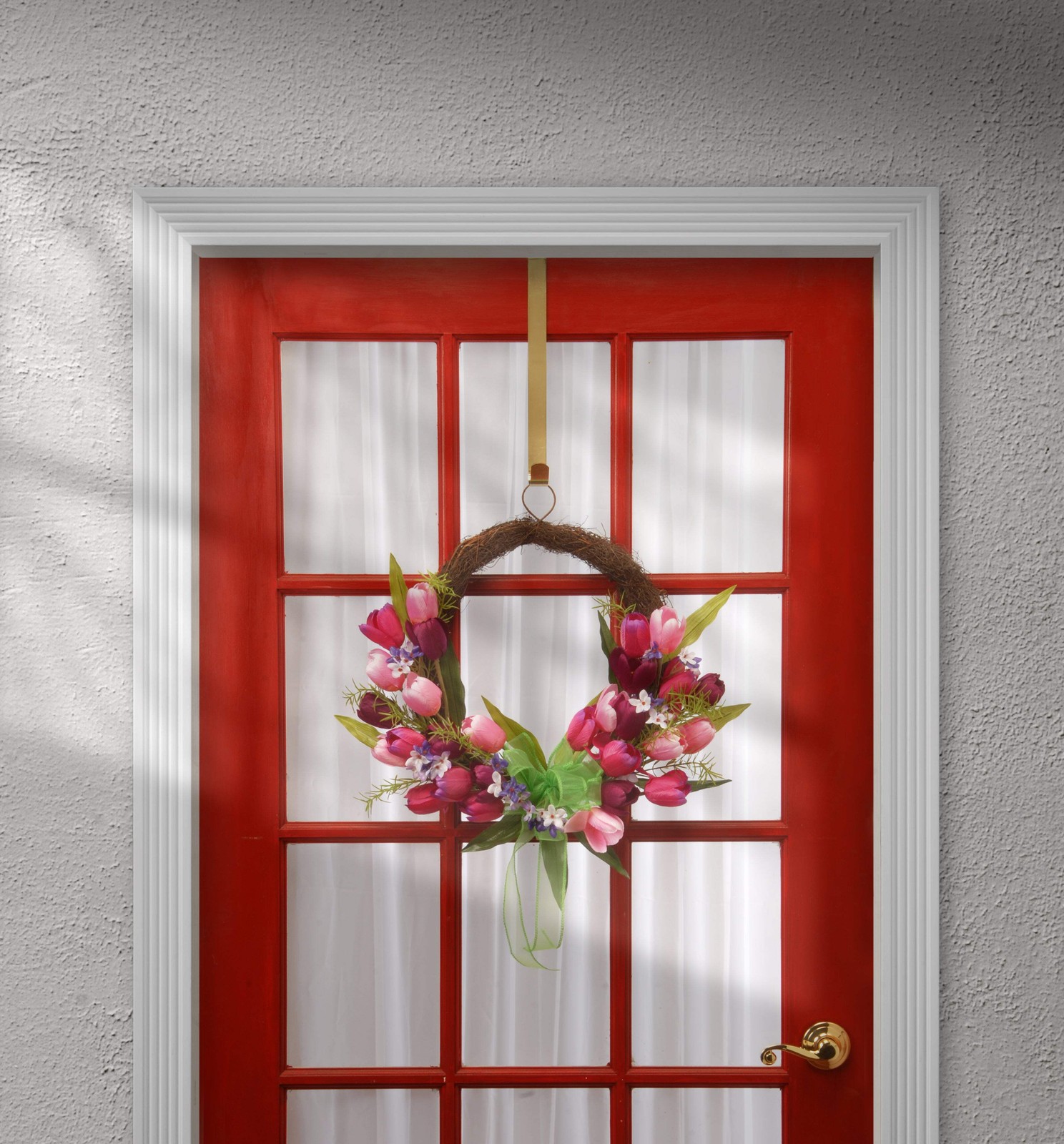 20 in. Spring Wreath with Pink and Purple Tulip Blooms, Green Ribbon, Leafy Gree