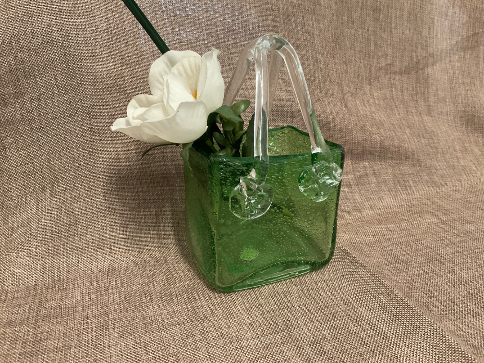 PRICE REDUCED! Handmade Green Crystal Container or Vase for Flowers or Decor