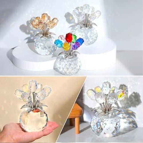 Ornalrist Crystal AB-Color Rose Bouquet Flower with Vase Figurine Decor, Rose…
