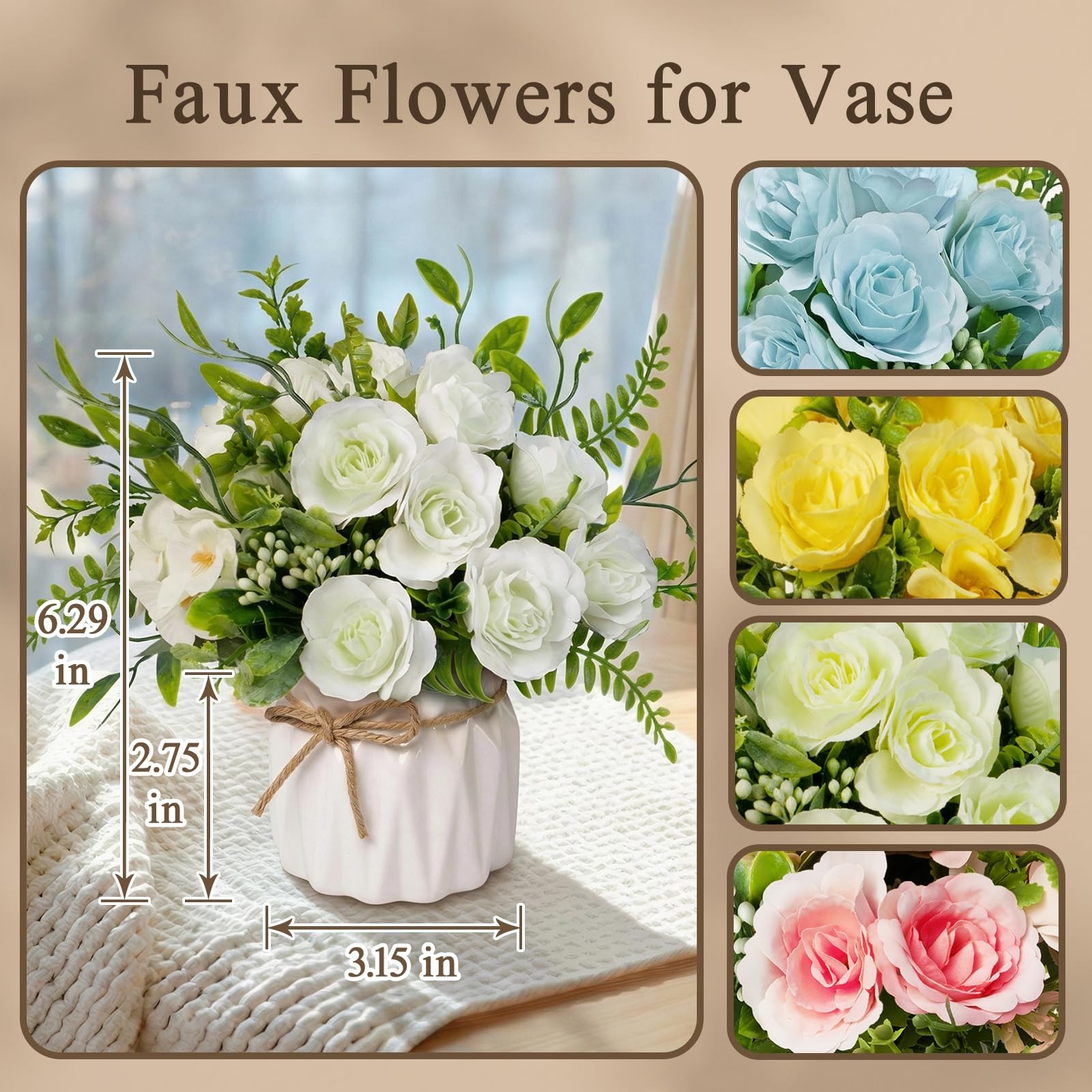 White Artificial Silk Roses with Ceramic Vase, No Maintenance Faux Flower Arr…