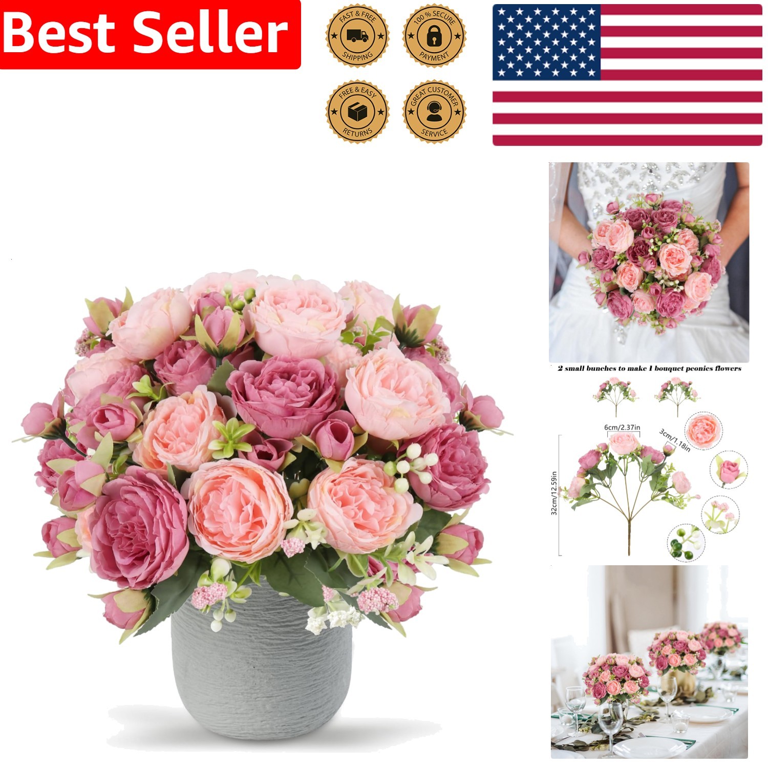Artificial Peonies Silk Flowers Pink Faux Bouquet 2 Bunches Floral Decor