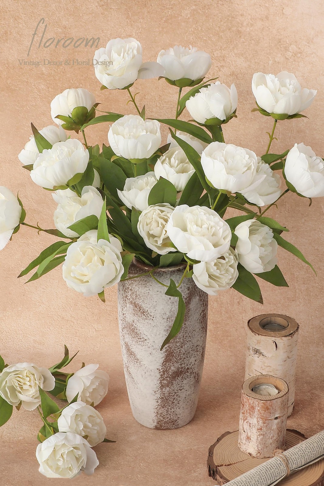 6 Pcs Ivory Faux Silk Peony Artificial Flowers, 27″ Long Stem Peonies Bulk, W…
