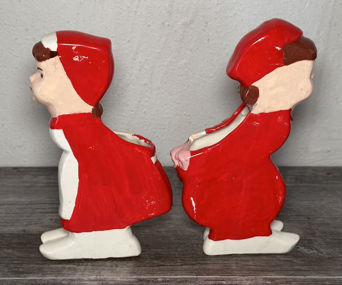 2 Piece Kissing Dutch Boy & Girl Standing Planters / Vases 7″